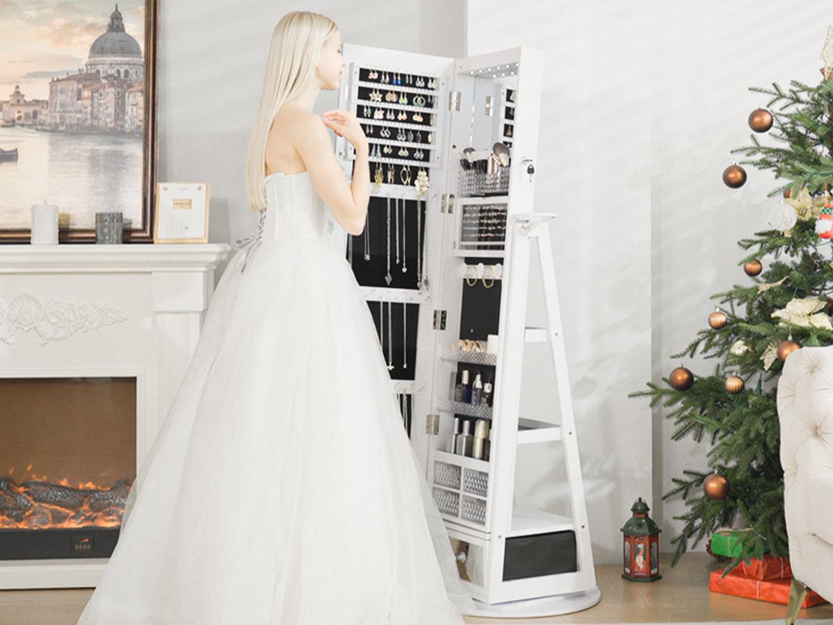 Standing Rotable Mirror Cabinet, full-length mirror, adjustable lighting make up mirror, armoire, space-saving, large storage space, perfect gift idea White Decor