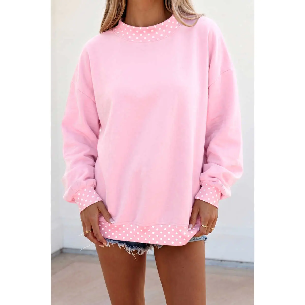 Women's Oversized Pullover Sweatshirt - Pink, Colorblock, Polka Dot, Contrast Trim