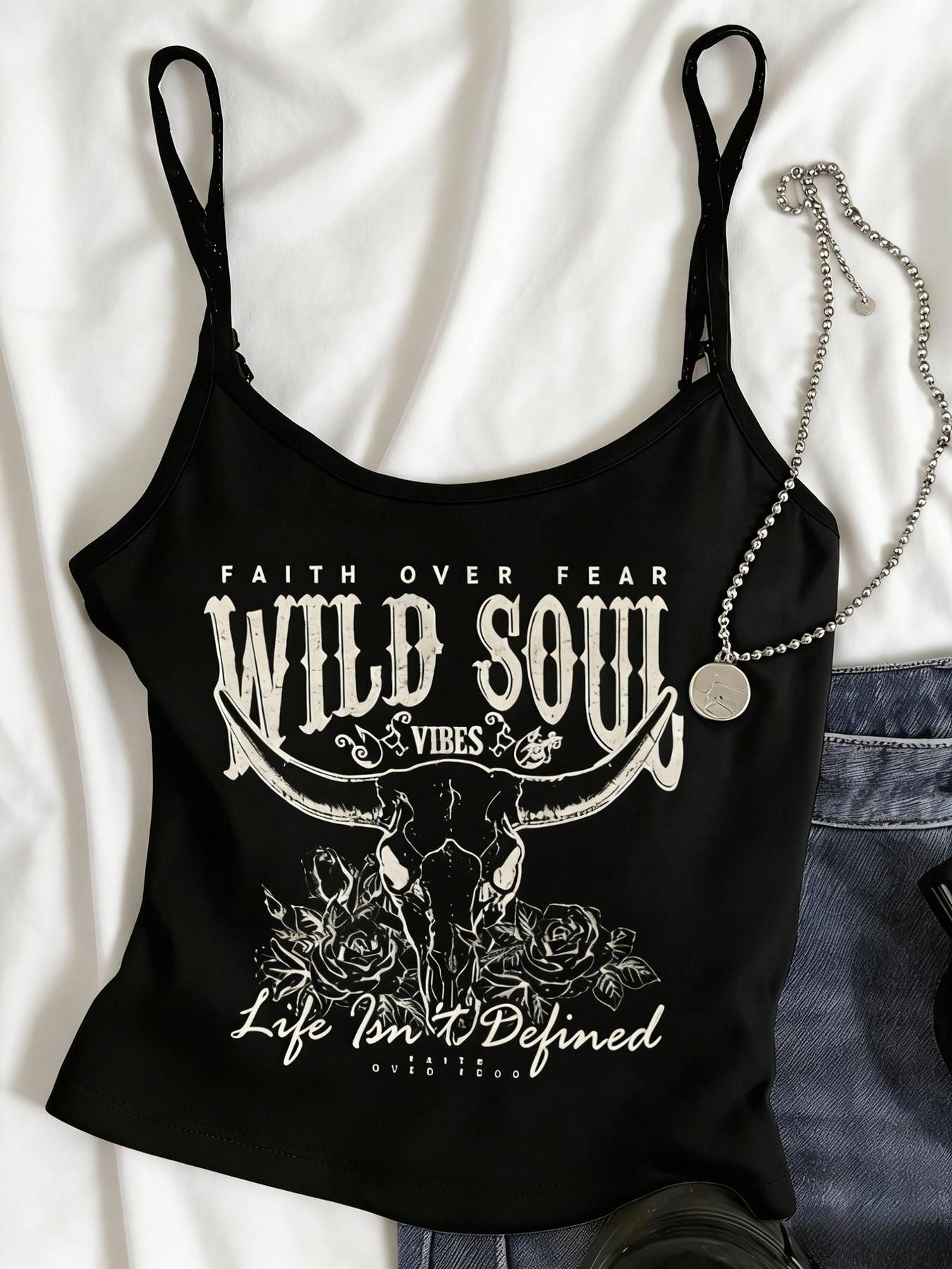 Women's Wild Soul Bull Skull Print Cami Top, Casual Slim Fit Spaghetti Strap Tank, Western Gothic Graphic Vest for Streetwear, Daily Wear & Summer Outfits