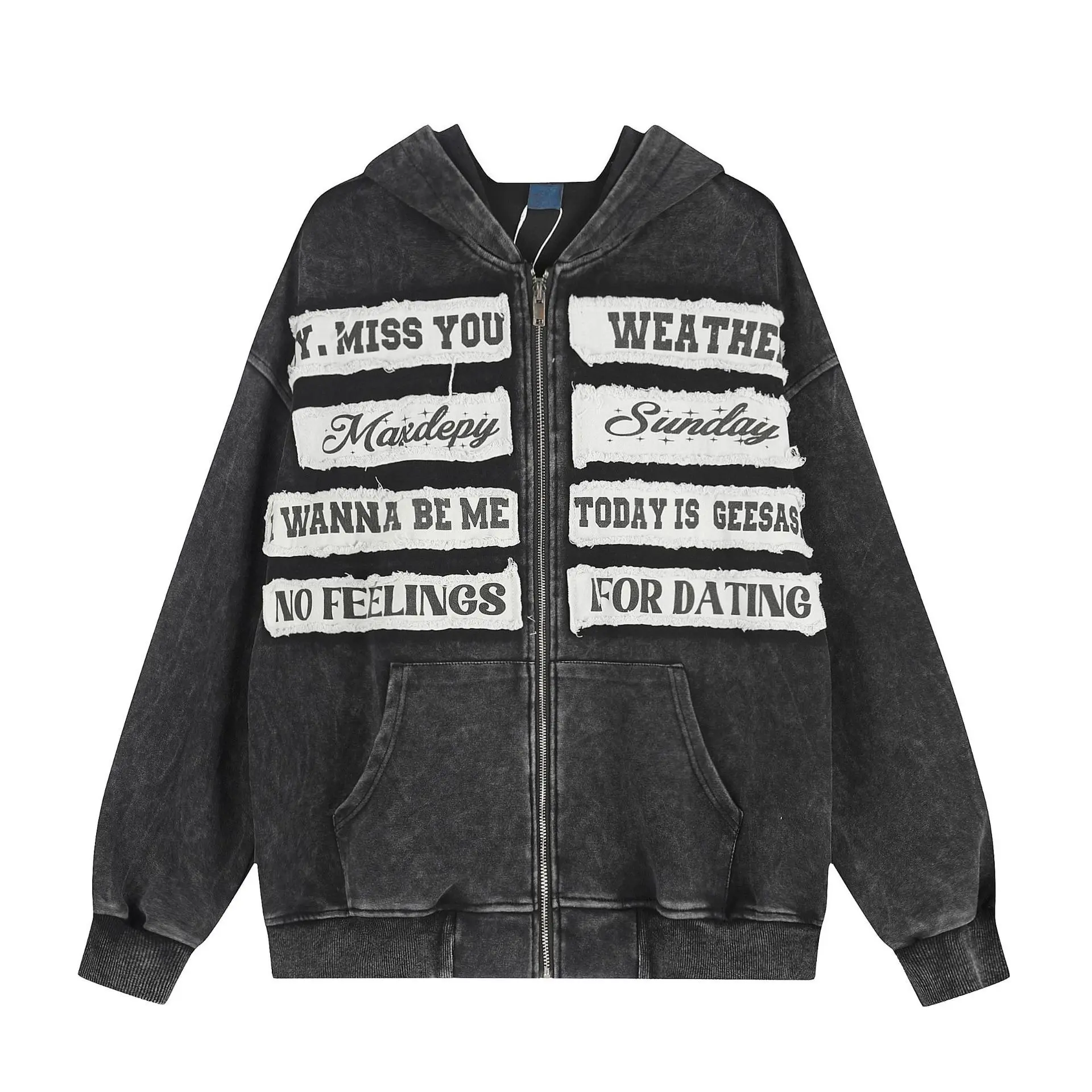 Unisex Washed Black Patchwork Letter Zip Up Hoodie, Vintage Raw Edge Fabric Patch Graphic Oversized Hooded Jacket, Y2K Streetwear For Men And Women