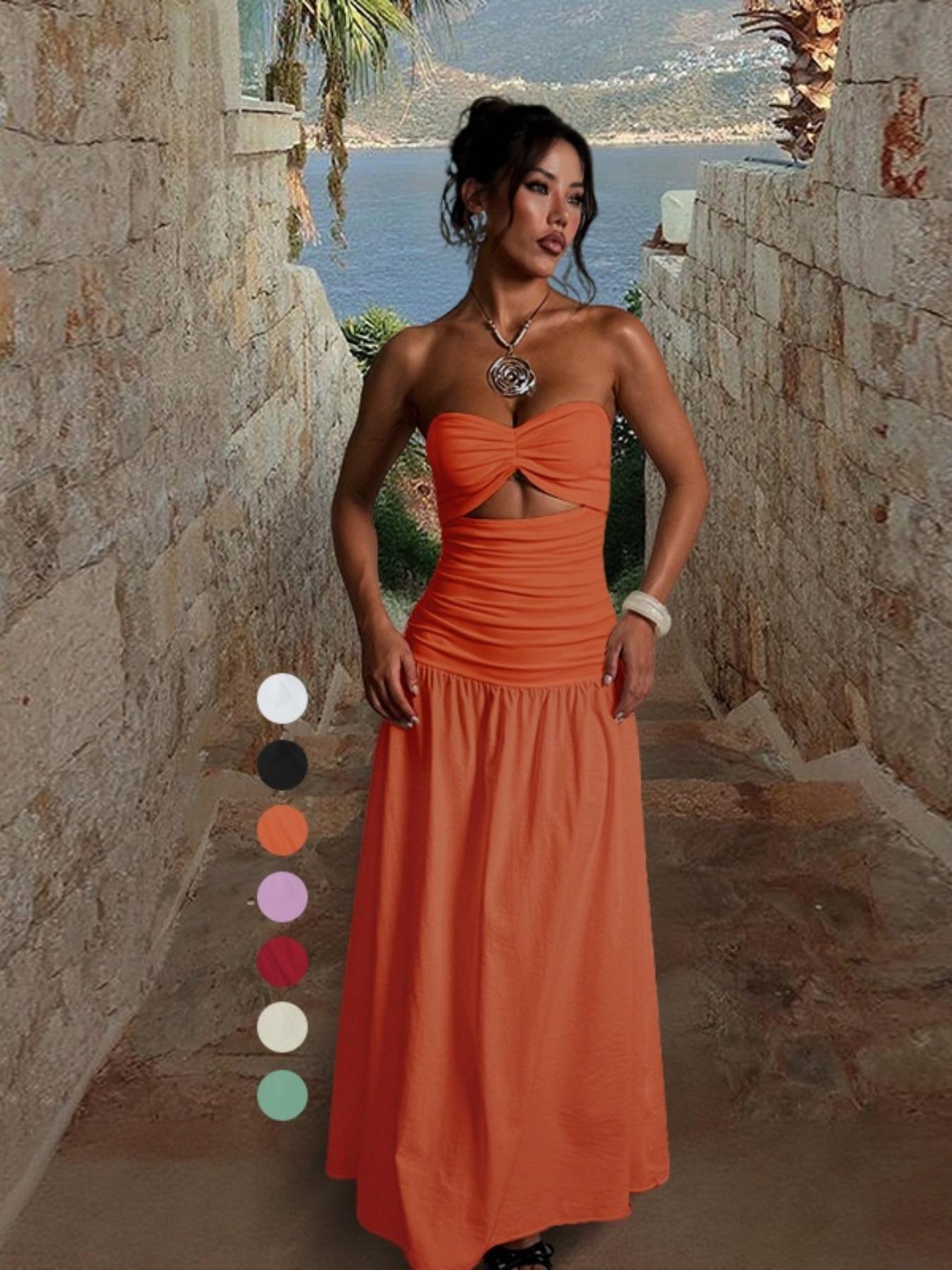 Women's Sleeveless Hollow Out Fitted A-Line Dress, Two Fabric Patchwork Design, Micro-Transparent Material, Beachwear Casual Wear Long Skirt Yj24627pfo