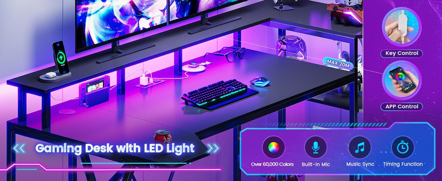 SEDETA 55-inch Gaming Desk with LED Lights and Storage Shelf, Computer Desk with Monitor Stand Power Outlet and Cup Holder Modern Metal Gaming Desk Heavy Duty Table