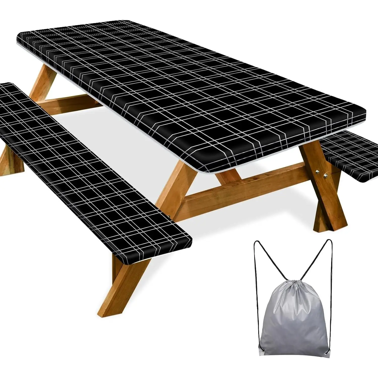 Picnic Table Cover with Bench Covers Camping Essentials Waterproof Windproof Camping Tablecloth with Drawstring Bag, Fitted Rectangle Tables and Seats, 72in, Black Checkered
