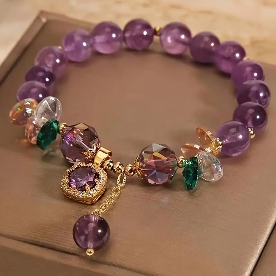 Female Classic Amethyst Beaded Bracelet - Bangle Style with Cubic Zirconia Accents, Purple Costume Jewelry, Gift-Ready for Daily Wear
