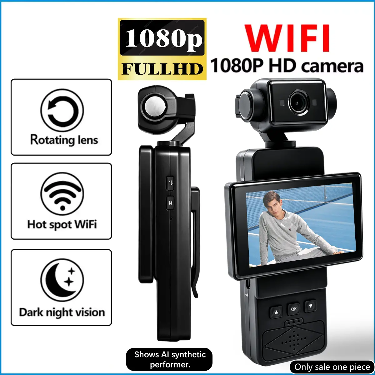 Vlogging Camera, HD Wearable Action Camera with 270° Gimbal Lens, WiFi Connectivity, Compact Vlog Camera for Beginners, Wide Angle Lens, Infrared Night Vision and Loop Recording for Content Creation