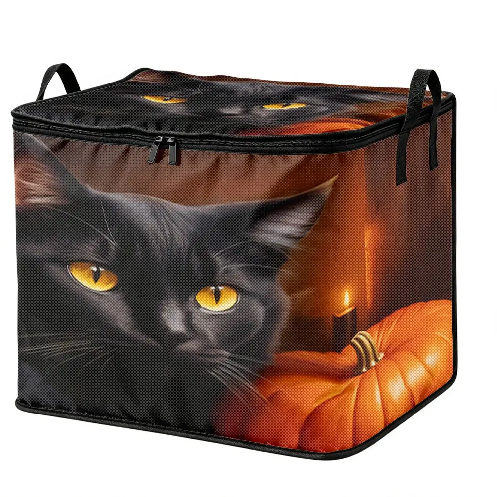 Non-woven Storage Bin with Halloween Black Cat and Pumpkin Print, Zippered, Portable and Foldable Storage Box, Dustproof Fabric Organizer for Household Clothes and Decorations, Halloween Storage Bin