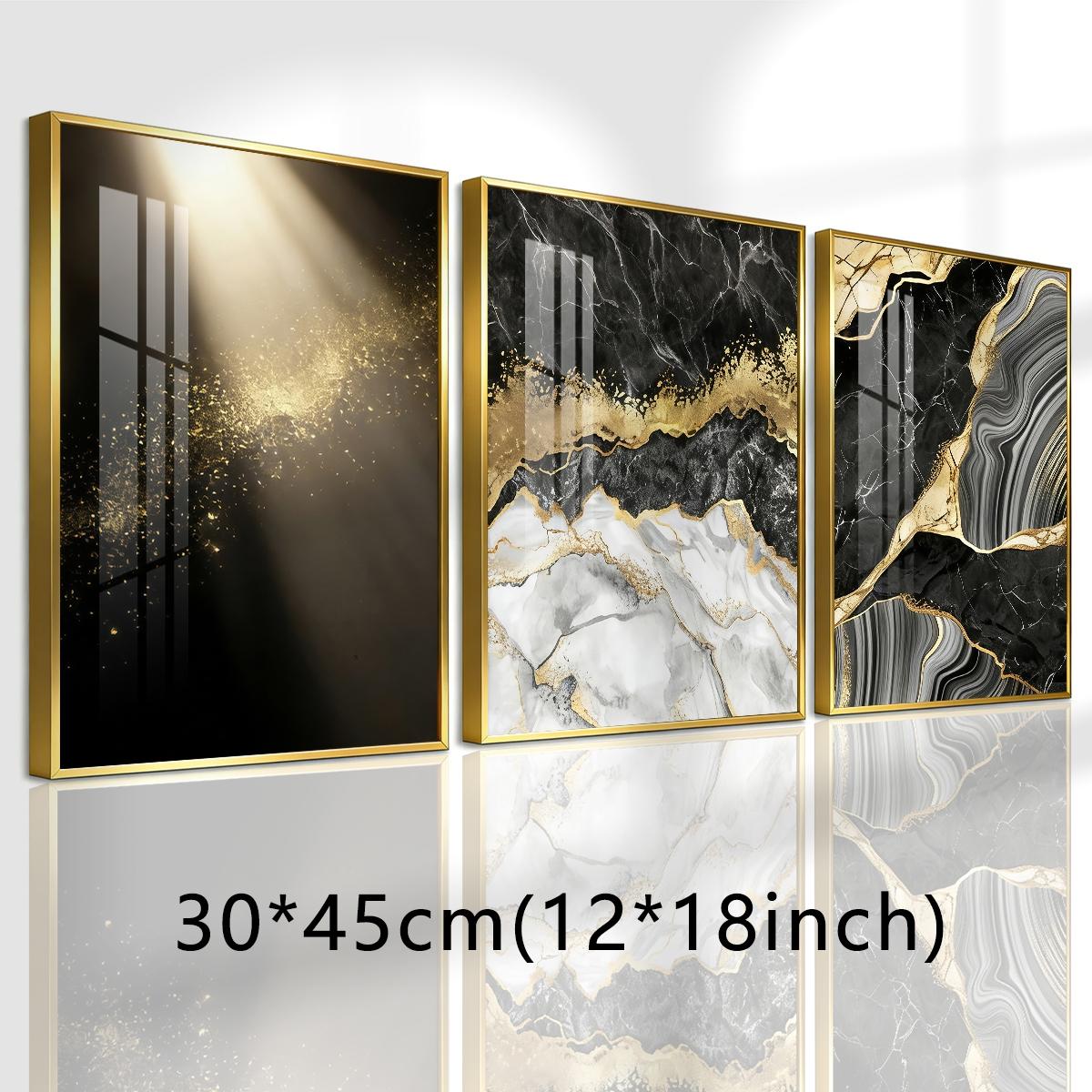 3 Counts Aluminum Alloy Framed Painting, Abstract Black Gold Marble Texture Pictures, Home Decoration For Living Room, Bedroom, Office, Restaurant, Hallway Wall Decor, Odorless Print Artwork, Luxury Perfect Gift For Friends And Family