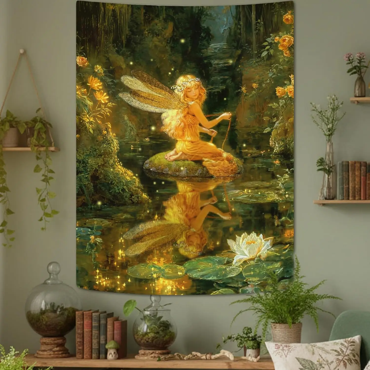 Fairy Tale Tapestry, Dreamy Magic Forest Fantasy Water Lily Pond Tapestries Wall Hanging for Girls Bedroom Home Decor, Green