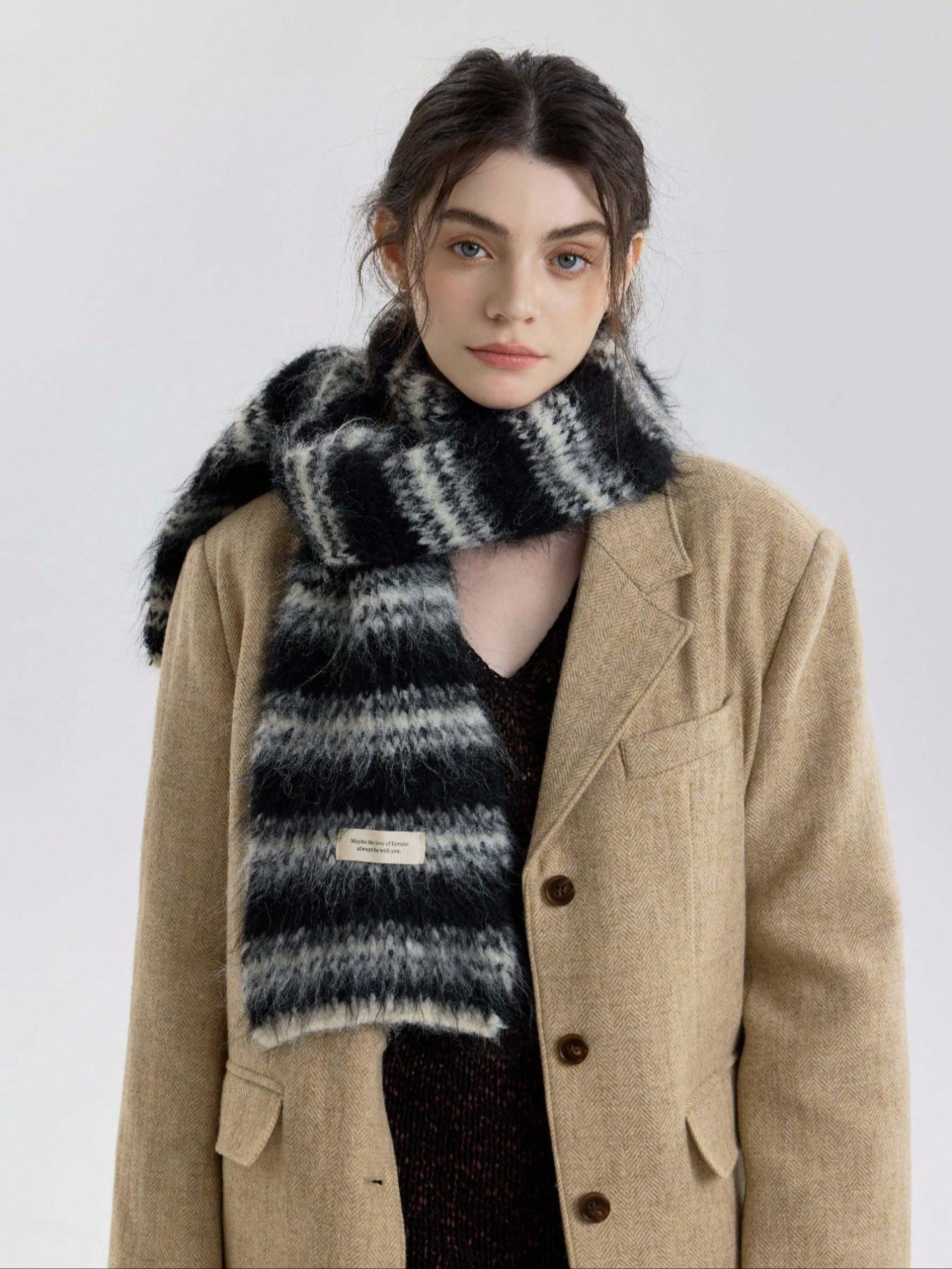 Women's Striped Patchwork Colorblock, Elegant Fall Winter Accessory Knitted Scarf, Perfect for Outdoor Travel Daily Commute