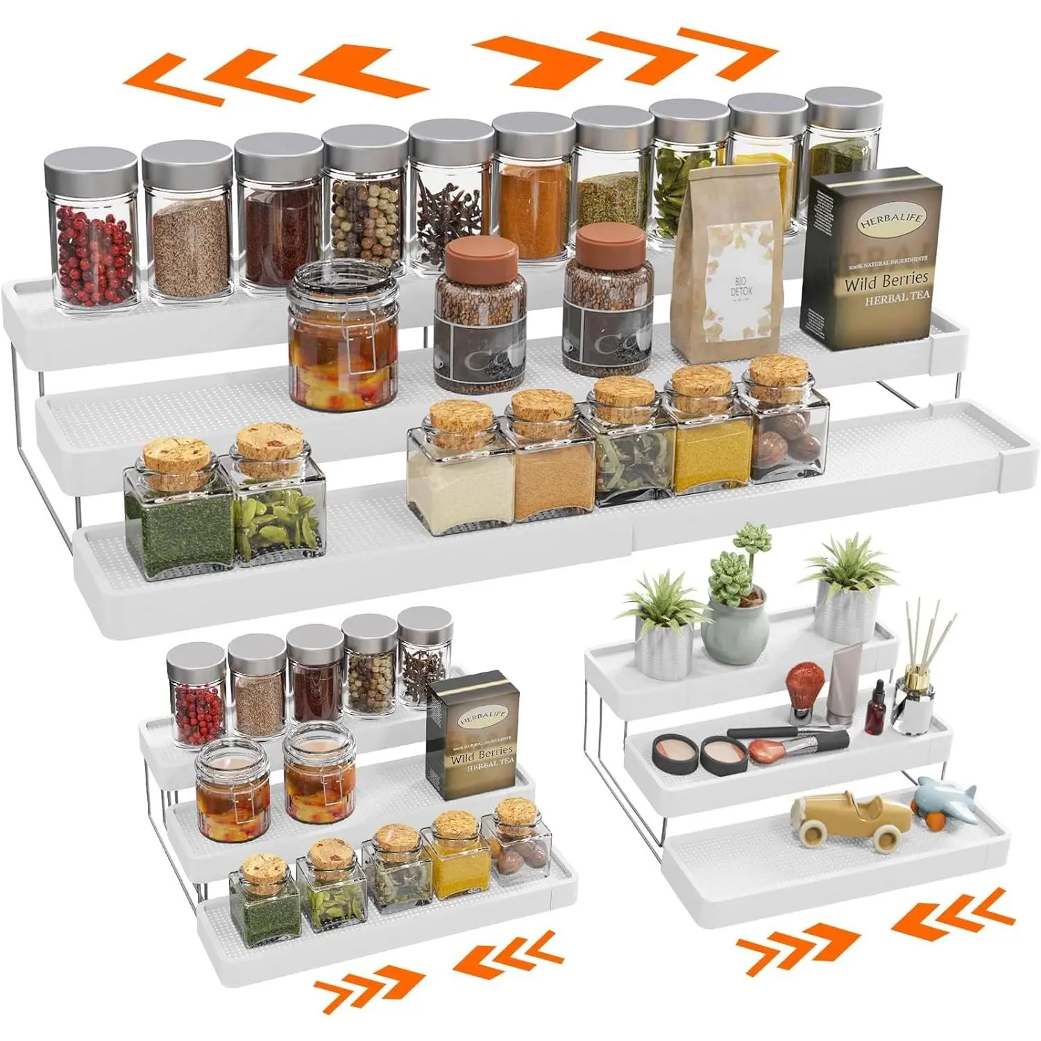 Expandable  Rack Organizer for Cabinet - 3 Tier Adjustable Cabinet  Organizer Easy Visibility -  Organizer for Cabinet Countertop Cupboard Pantry Organization (White)