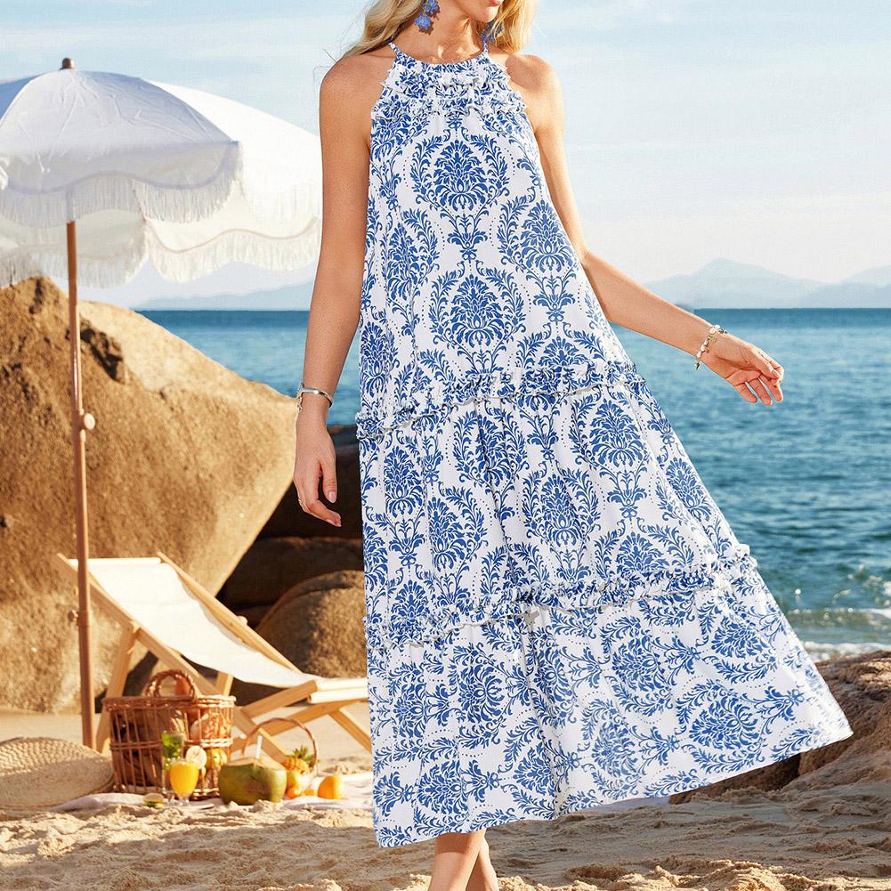 【Runs Large | Size Down】Grace Karin Women's Maxi Boho Dress Casual Summer Loose Long Floral Sundresses Flowy Halter Tiered Beach Vacation Outfits SpringStatements