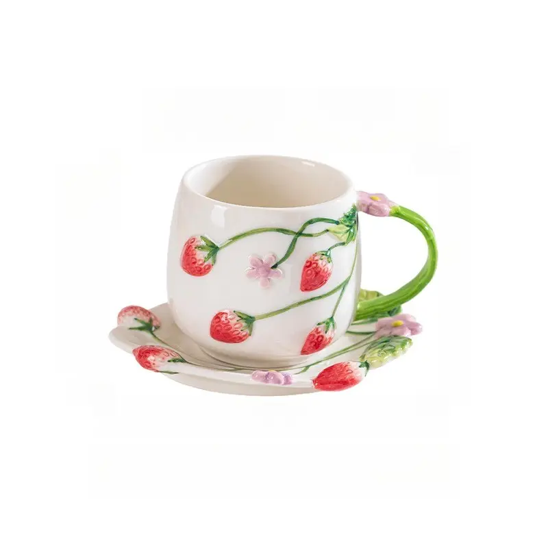 Strawberry Ceramic Coffee Cup Set with Saucer, Rustic Style, 350ML Floral Glaze Design, Ideal for Coffee and Tea Lovers, Home Kitchen and Afternoon Tea, Mug