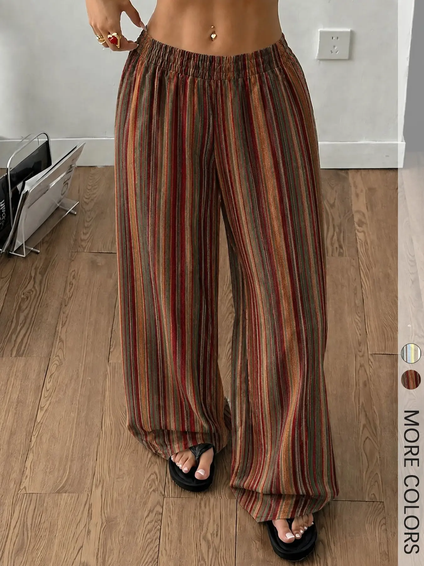 Women's Striped Elastic Waist Wide Leg Pants, Regular Fit Casual Trousers, For Beach Daily Street Outfit