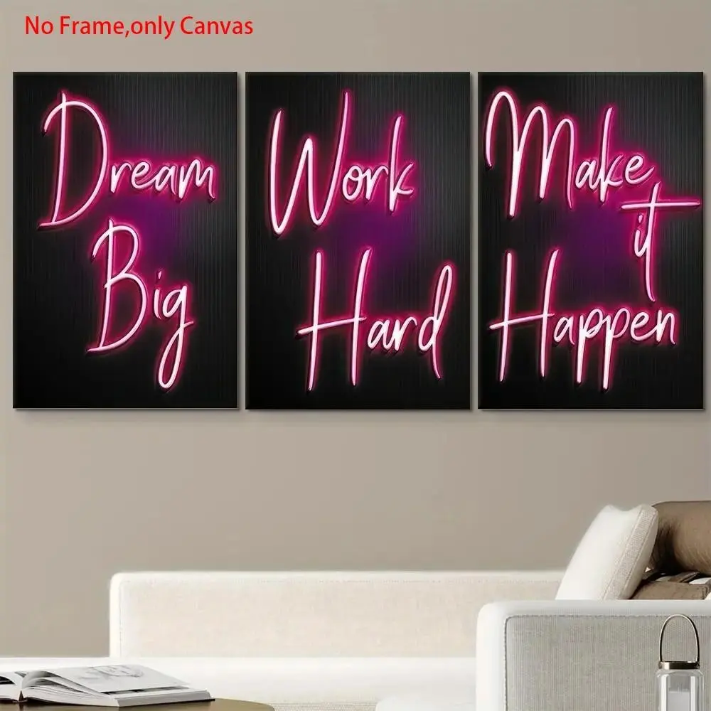 3-Piece Unframed Canvas Art Set, Inspirational Neon Style Wall Decor, Modern Home Office Bedroom Background, Frameless Art Gift