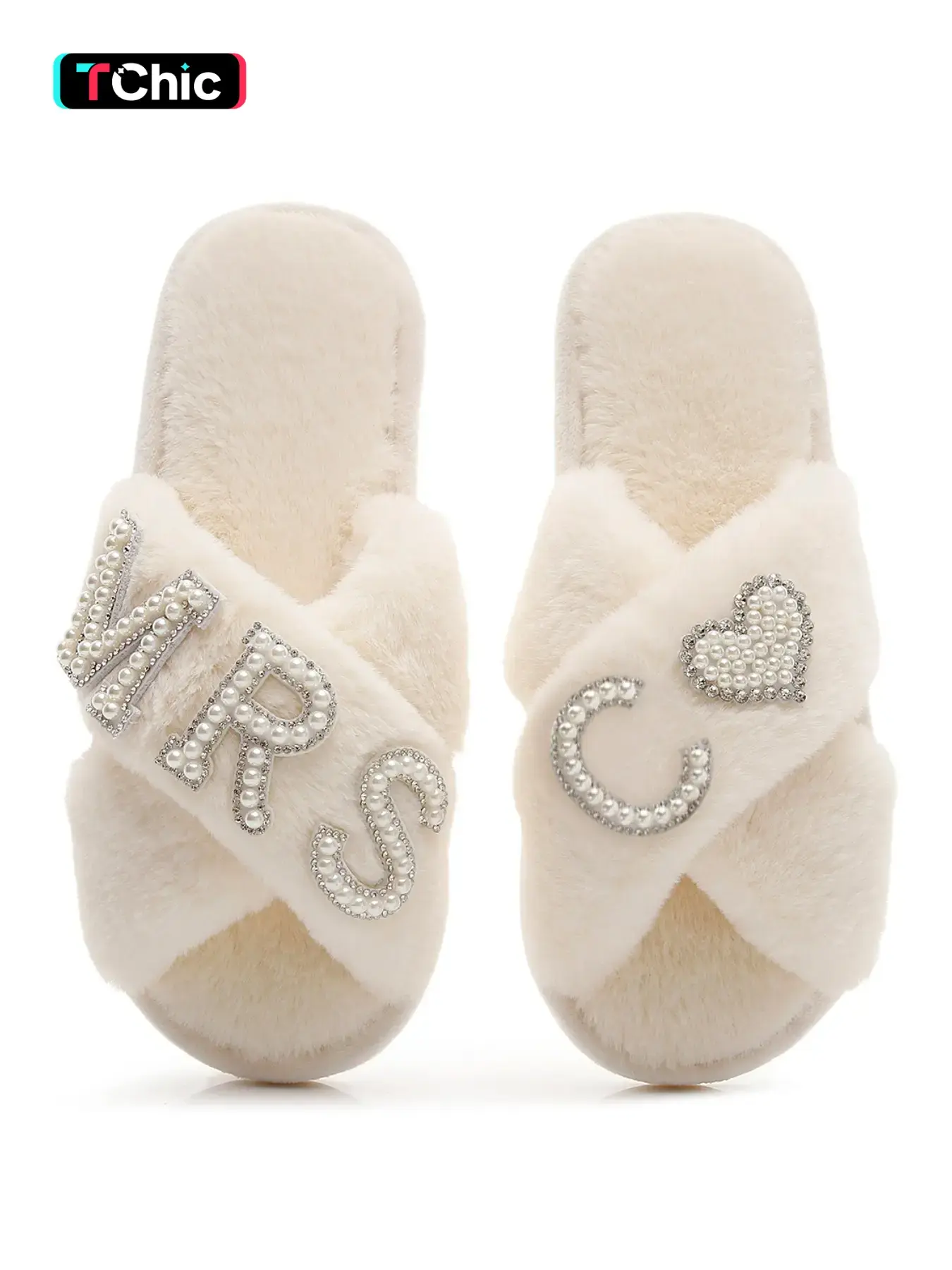 X-Strap Plush Home Slippers with Pearl Rhinestone Heart Design, Bridal Slippers, Customizable C Initial, Perfect Gift for Wedding and Holidays