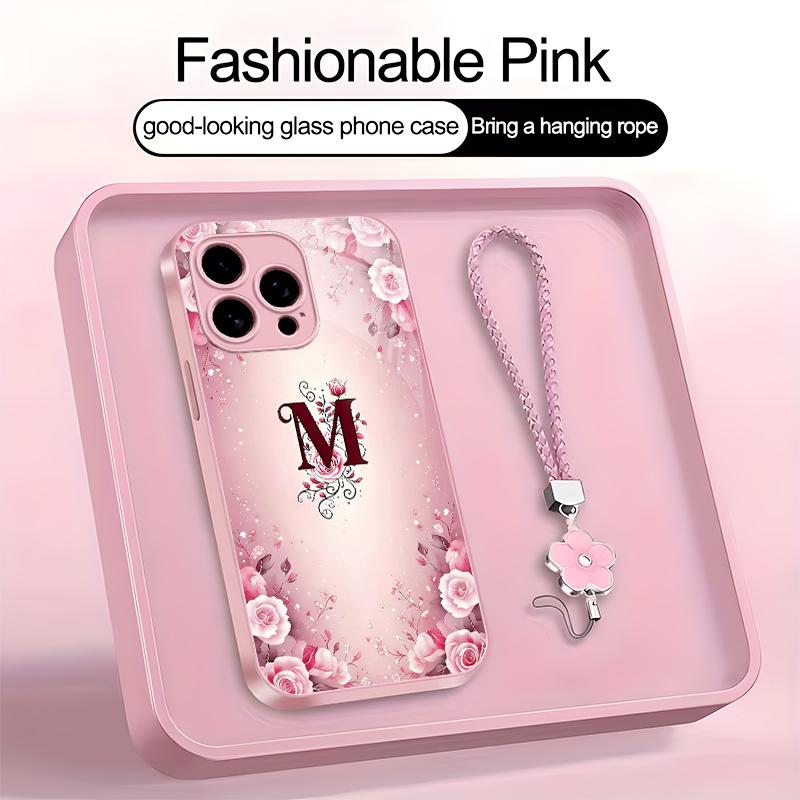 Luxury Rose Floral Monogram Initial Letter Metallic Paint Glass Case for iPhone Elegant Glossy Protective Cover 952