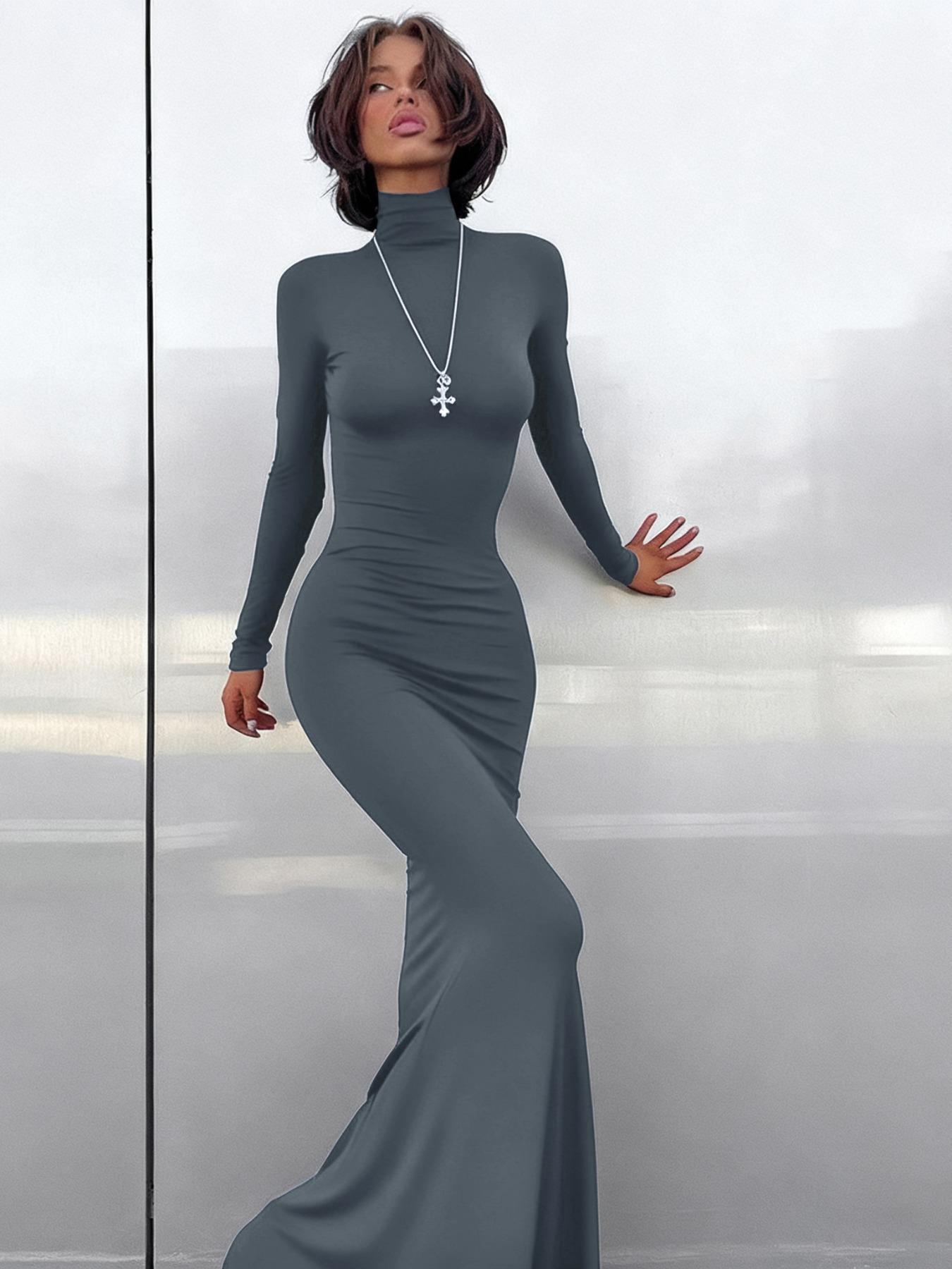 Women's Solid Color Stand Collar Bodycon Dress, Fashion Long Sleeve Maxi Dress for Party Club Dating Wear, Women Dress for Fall & Winter