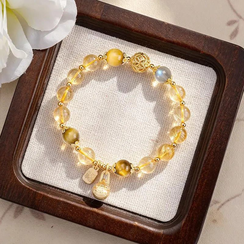 Natural Golden Rutilated Quartz Bracelet, Moonstone Tiger Eye Beaded Bracelet with Fortune Pixiu Fu Charm, Wealth Healing Crystal Jewelry Gift for Women Girlfriend, 15Cm, Fortune Charm, Dressy, Gift Choice
