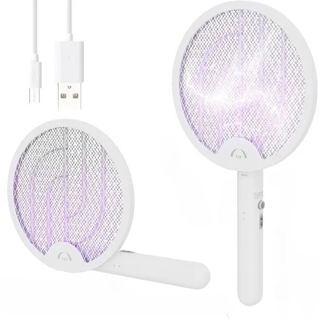 Foldable Electric Fly Swatter Racket - 4000V Battery Powered Rechargeable Mosquito Trapper, USB Recharge Wireless Portable Zapper, 9"l x 2"w x 9"h Home Care Supply for Indoor, Patio Use