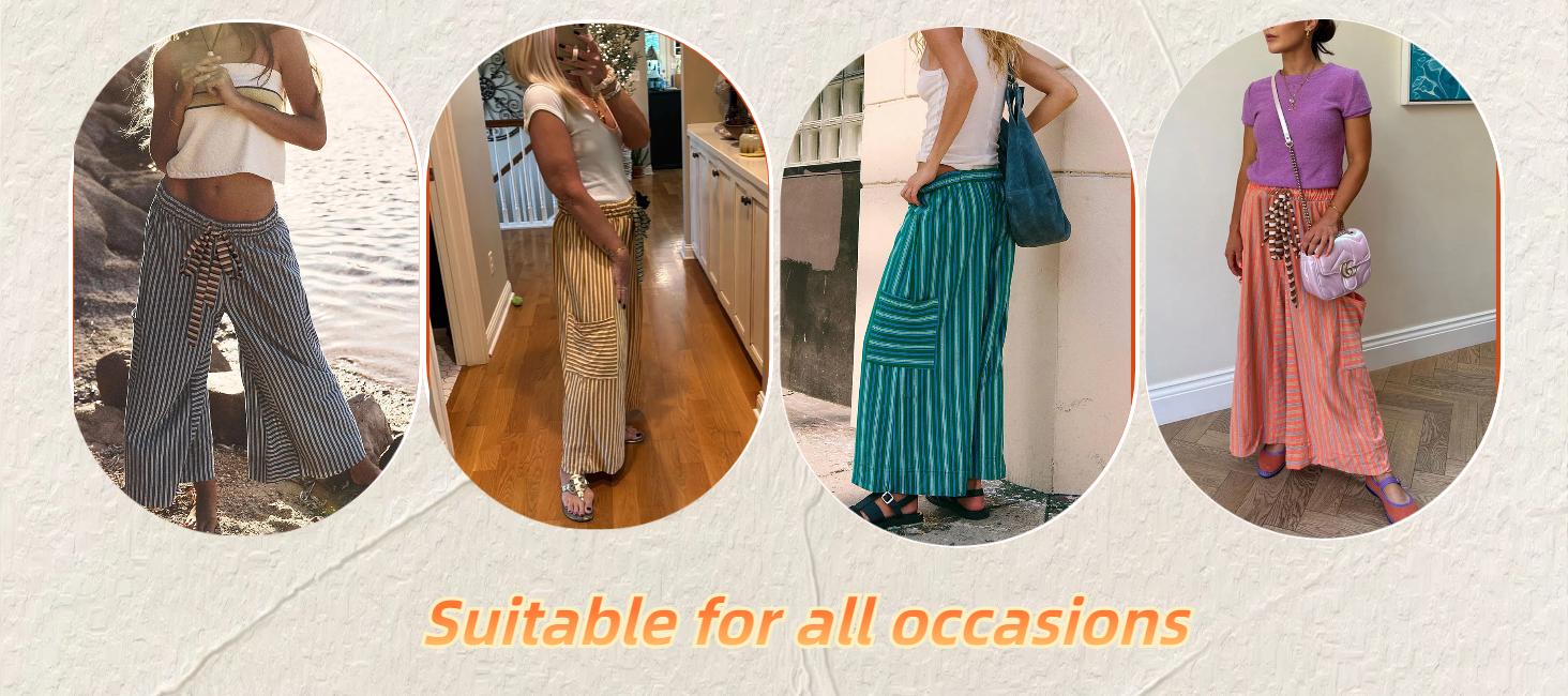Molitree Women's Drawstring Striped Pants Loose Wide Leg Lounge Pants Casual Trousers with Pocket Beachwear Streetwear