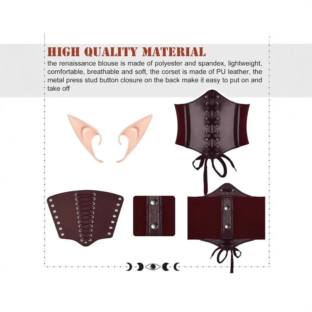 5 Pcs Women Renaissance Fairy Costumes Set Medieval Hooded Robe Elf Ears Accessories for Halloween Cosplay