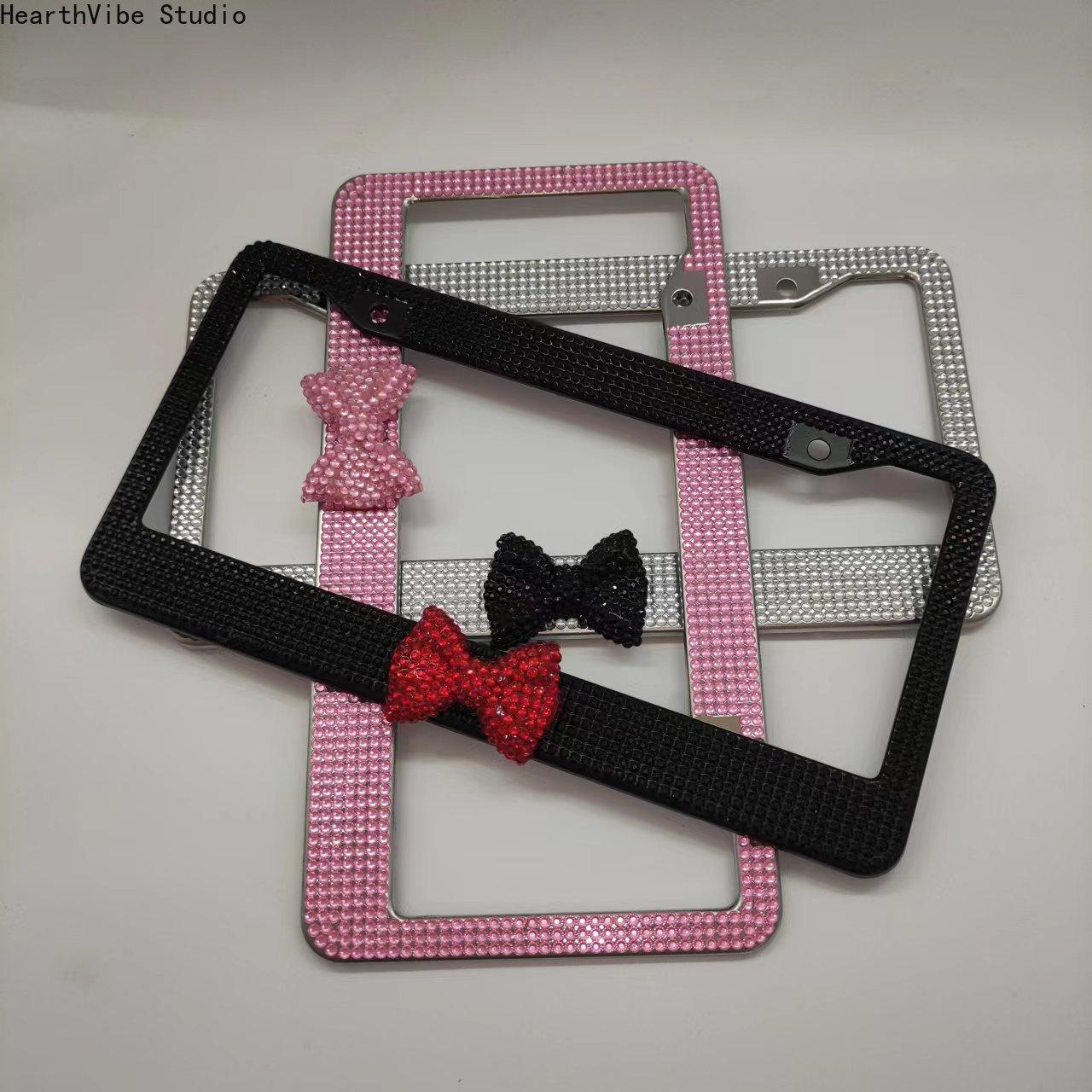 Women's Bling Pink Rhinestone Bowknot License Plate Frames, Sparkly Stainless Steel Universal US Standard Girly Car Accessory