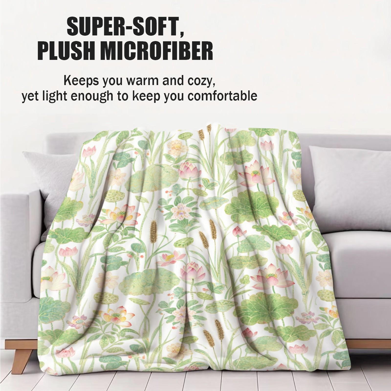 1 Piece Watercolor Lotus Pond Throw Blanket, HD Digital Single-Sided Printed Flannel Blanket, Super Soft Cozy Plush Warm Gift Blanket for Sofa Bed Travel Camping Decor