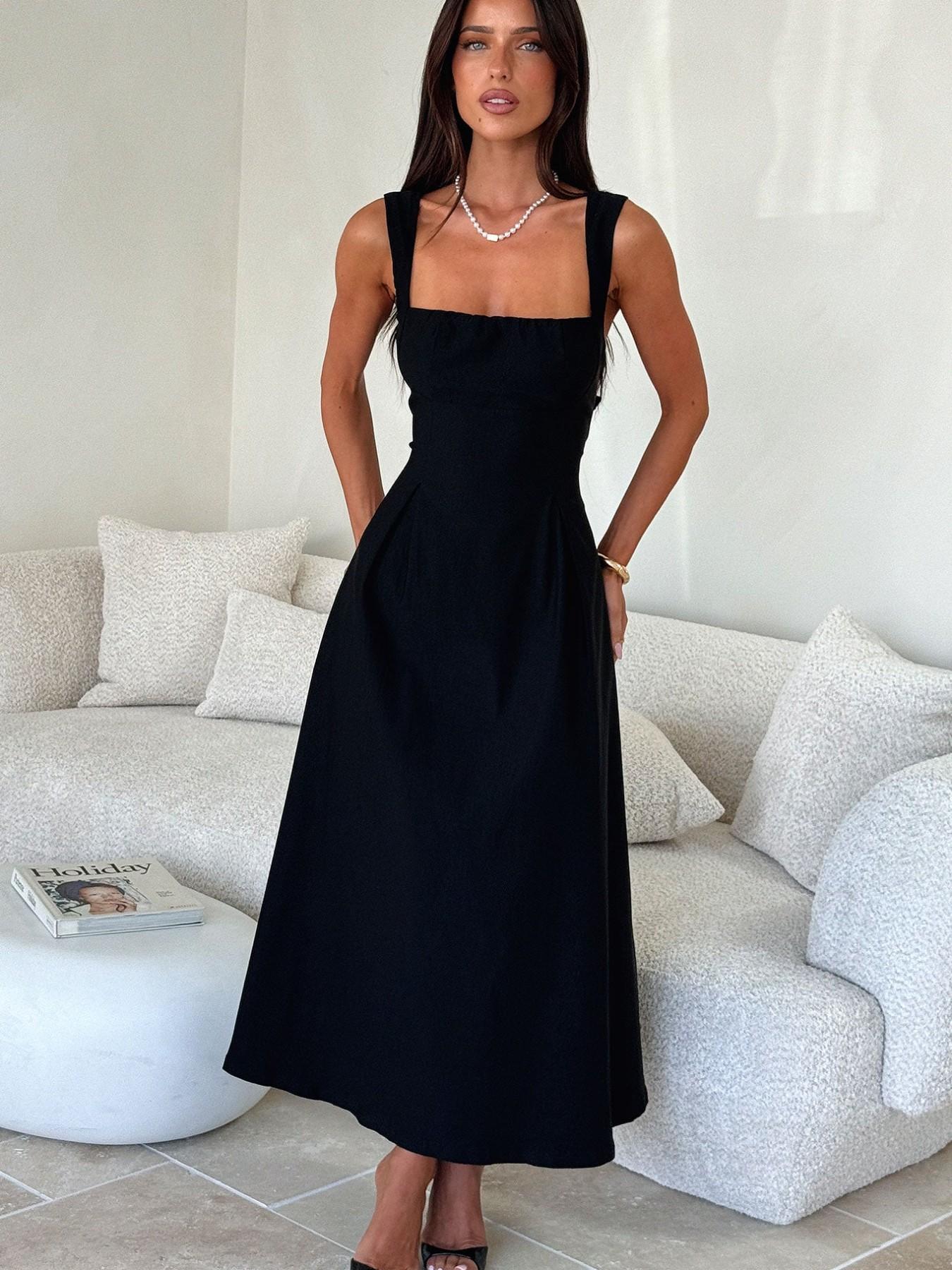 Elegant Vintage Square Neck Back Tie Strap Dress, Sleeveless Fitted Midi Dress, Casual Plain Style Day Evening, Women's Fashion Clothing, Casual Wear, Womenswear