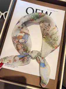 Fairy Tale Rabbit Silk Scarf for Women, Small Square Cartoon Versatile Fashion Skin Show Headscarf Neck Protection Warm Wrap Boho Style Scarf
