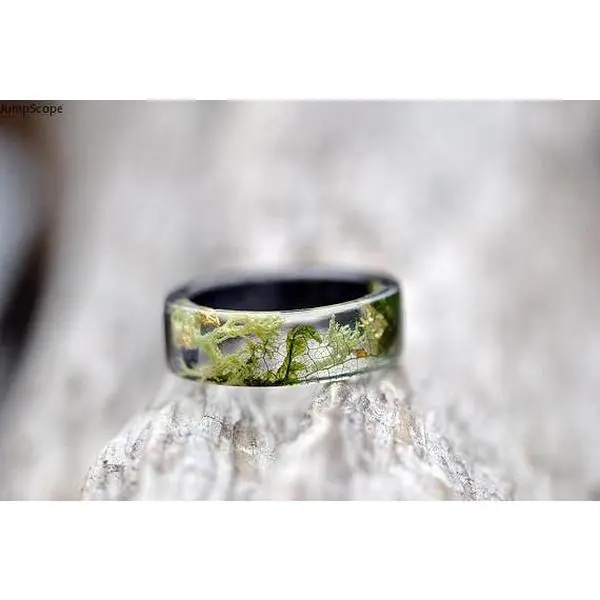 Handmade Unique Rings - Wood Core Resin Band with Embedded Natural Moss, Forest Terrarium Epoxy Nature-Inspired Accessory for Men and Women