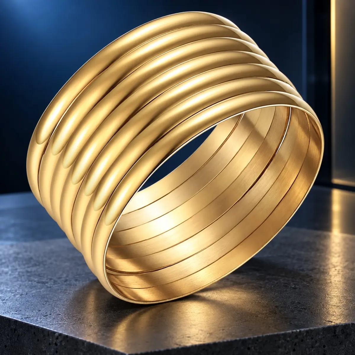Women's 14K Gold Plated Hypoallergenic 7-Piece Layered Round Bangle Set, Modern Polished Design, Bracelets for Women, Ideal for Christmas Gifts & Daily Wear, Multi-Part & Polished Metal Bracelets & Bangles