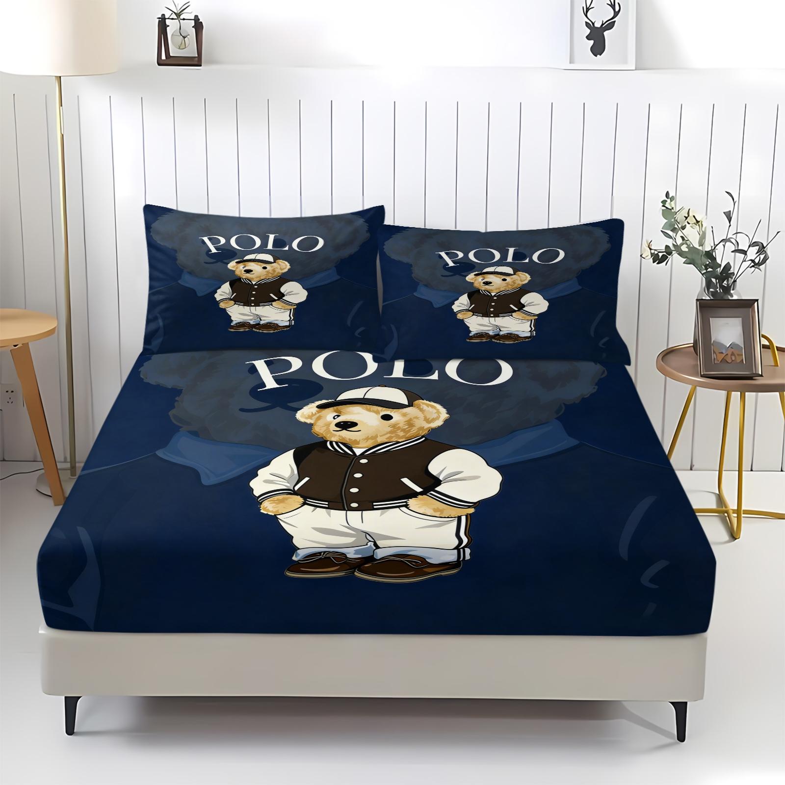 Teddy Bear Pattern Bed Sheet, Comfortable Printed Pattern, Includes 1 Bed Sheet and 2 Pillowcases, Comfortable Bedding, Non slip Dust Cover Suitable for Bedroom and Guest Room, Suitable as a Gift for Children or Adults