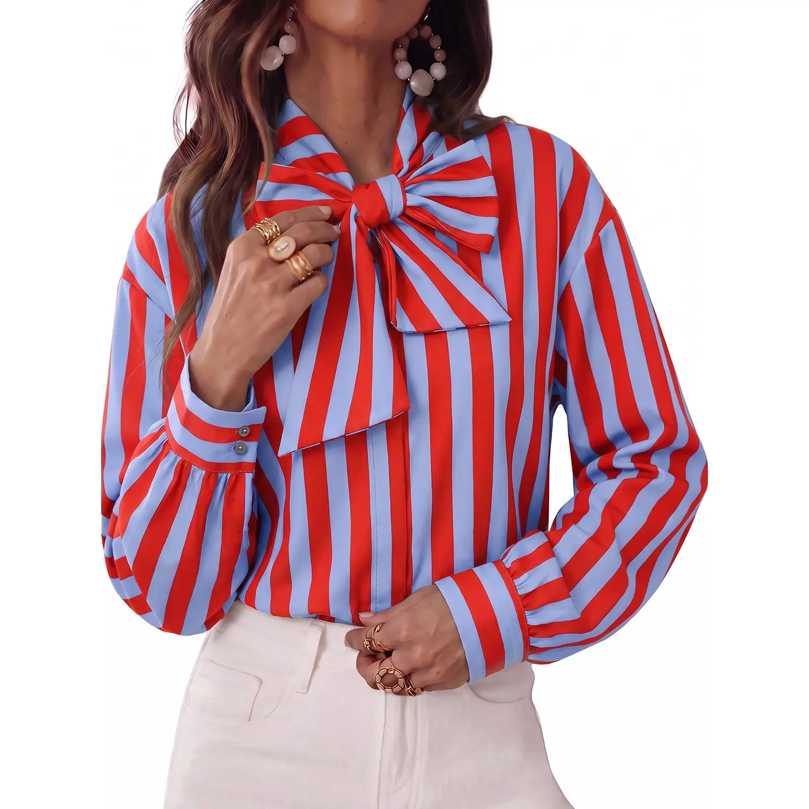 TANKANEO Women's Striped Blouse - Casual Tie Neck Long Sleeve Women's Fashion Top, Boho Clothes Trendy Blouse Striped Shirt for Fall Going Out, Office
