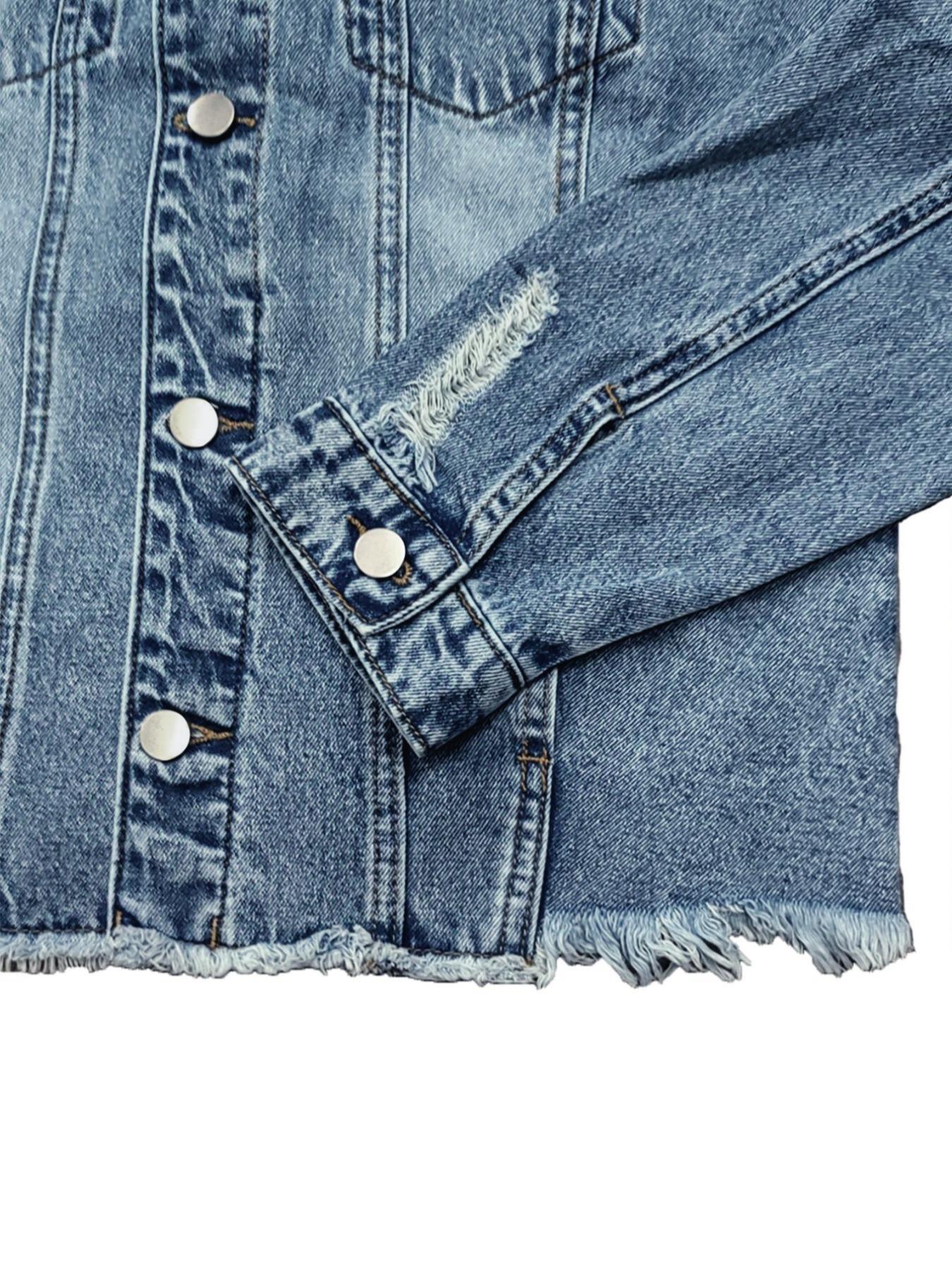 Plus Size Solid Ripped Button Front Collared Denim Jacket, Coats, Casual Long Sleeve Pocket Outerwear for Summer, Women's Clothes, Womenswear for Daily Wear