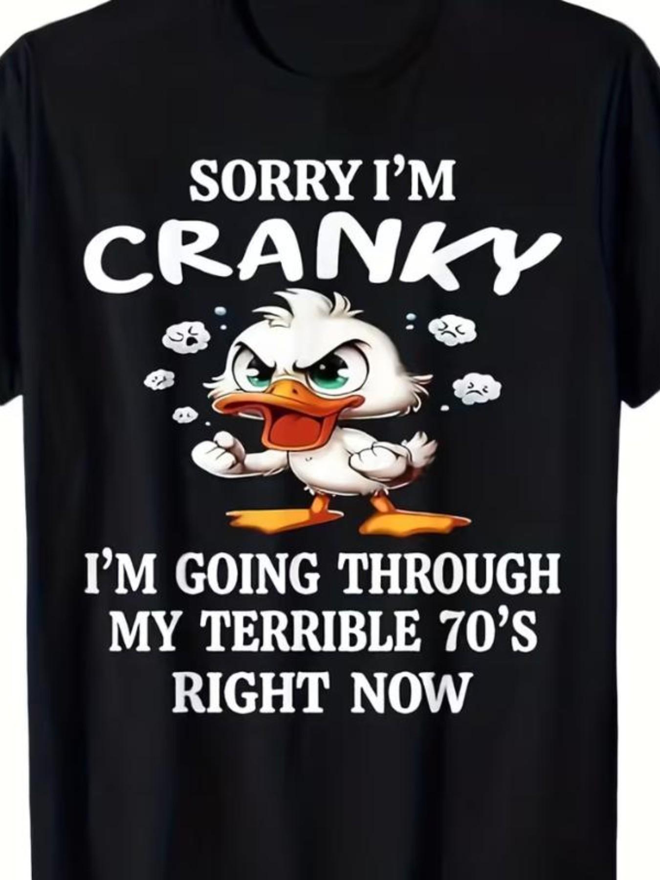 Funny Duck Slogan Print Short Sleeve T-Shirt, Summer Casual Loose Fit Top, Geometric Pattern, Perfect for 70th Birthday Gifts