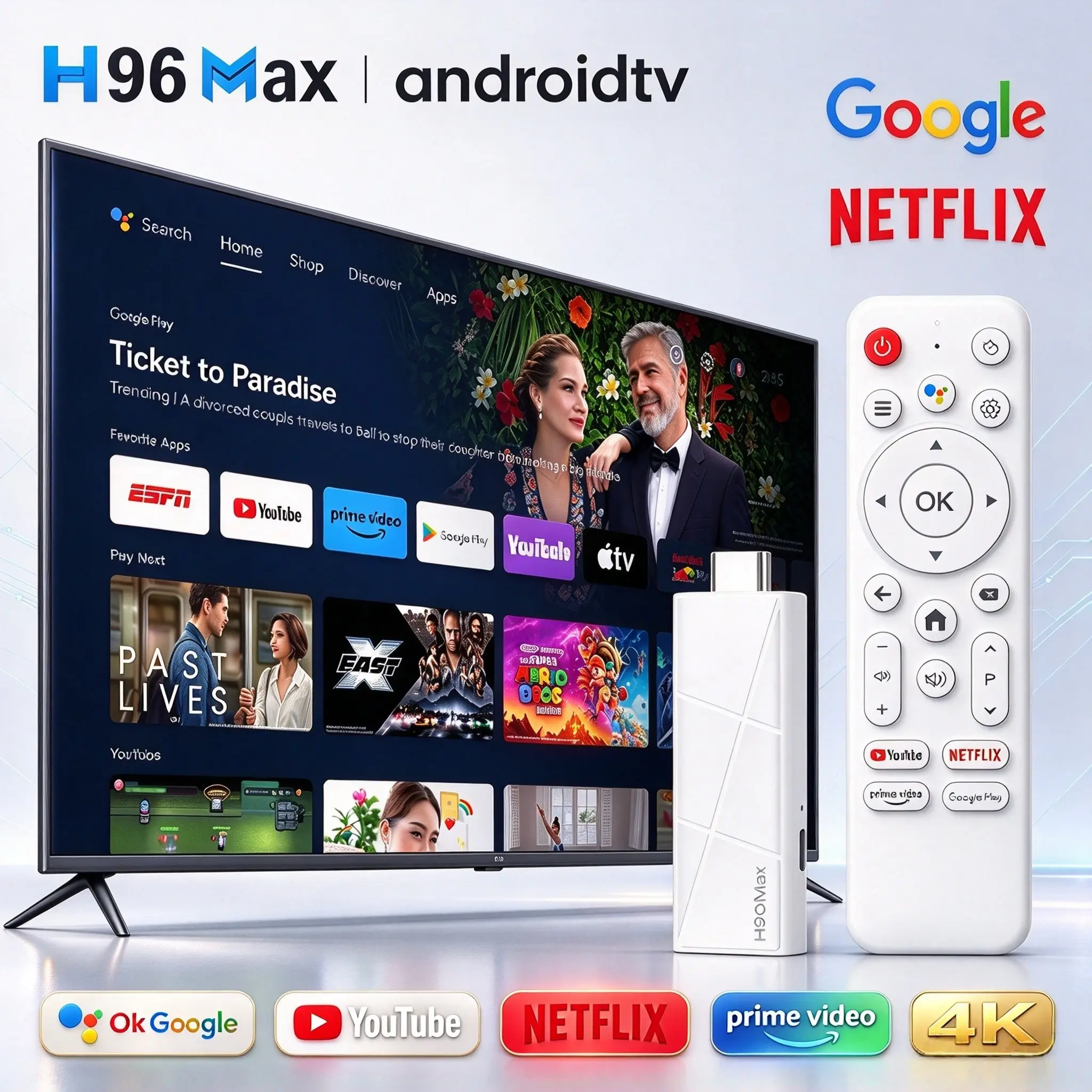 H96 Max Android 14 TV Stick 4K UHD, 5-Core ARM GPU, Dual Band WiFi Bluetooth, Voice Remote, Streaming Box Support Netflix Disney+ YouTube