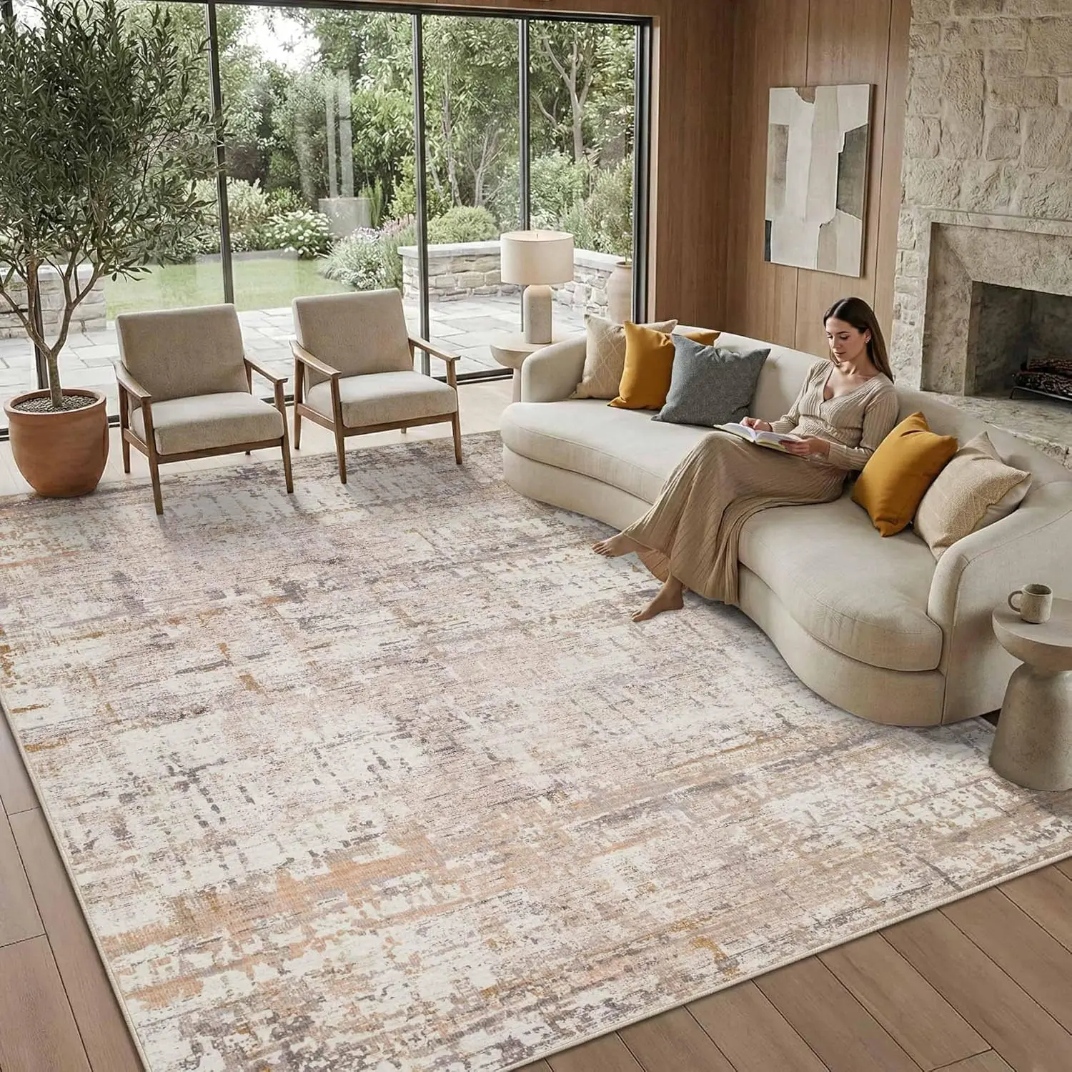 8x10 Area Rugs,Large Soft Rugs for Living Room,Neutral Washable Rug,Beige Rugs for Bedroom Dining Room, Non-Slip Foldable Thin Indoor Carpet, Stain Resistant(Beige Grey)