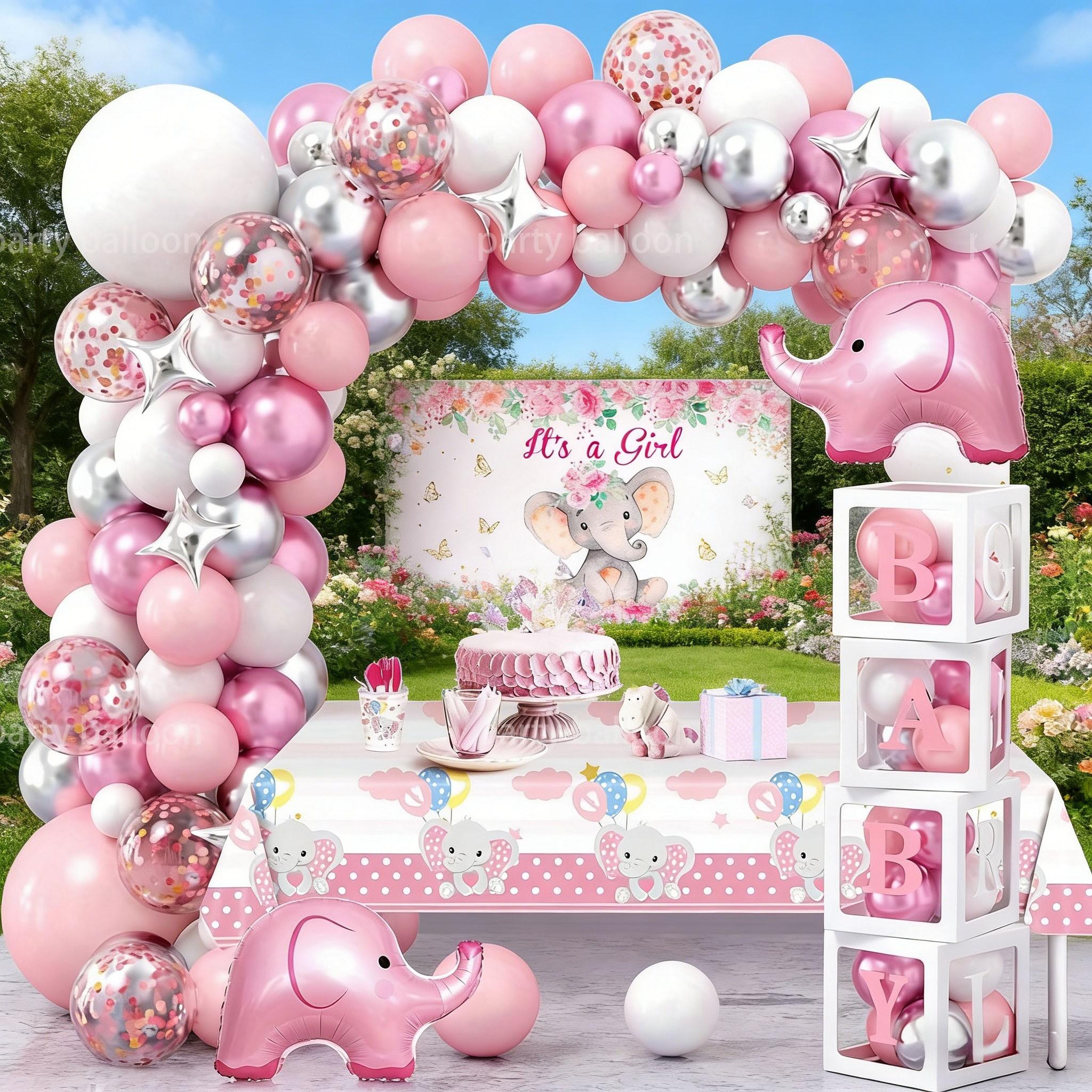 122 Piece Elephant Baby Girl Birthday Party Balloon Set, Bear, Star Aluminum, Latex, Metallic Balloons, Baby Shower Decorations