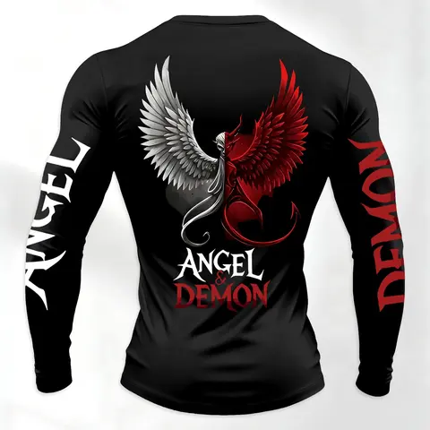 Men's Long Sleeve T-Shirt, Devil & Angel Wings Design, Breathable Comfort Fabric, Casual Street Style, Lightweight Top for All Seasons, Sporty