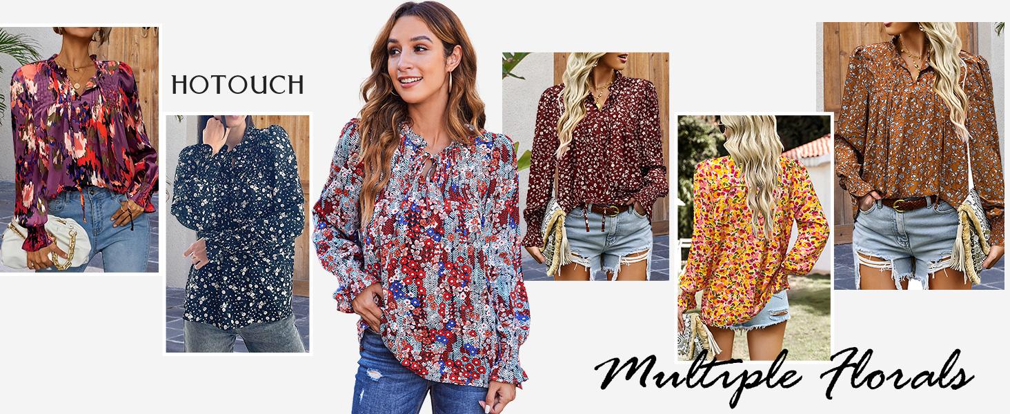 Women's Long Sleeve Tops New Arrivals Boho Floral Printed Blouses Casual V Neck Pleated Drawstring Shirts Fashion dealsforyoudays Outdoorfun Womenswear Vneck 2026 spring Loose Dressy Flowy