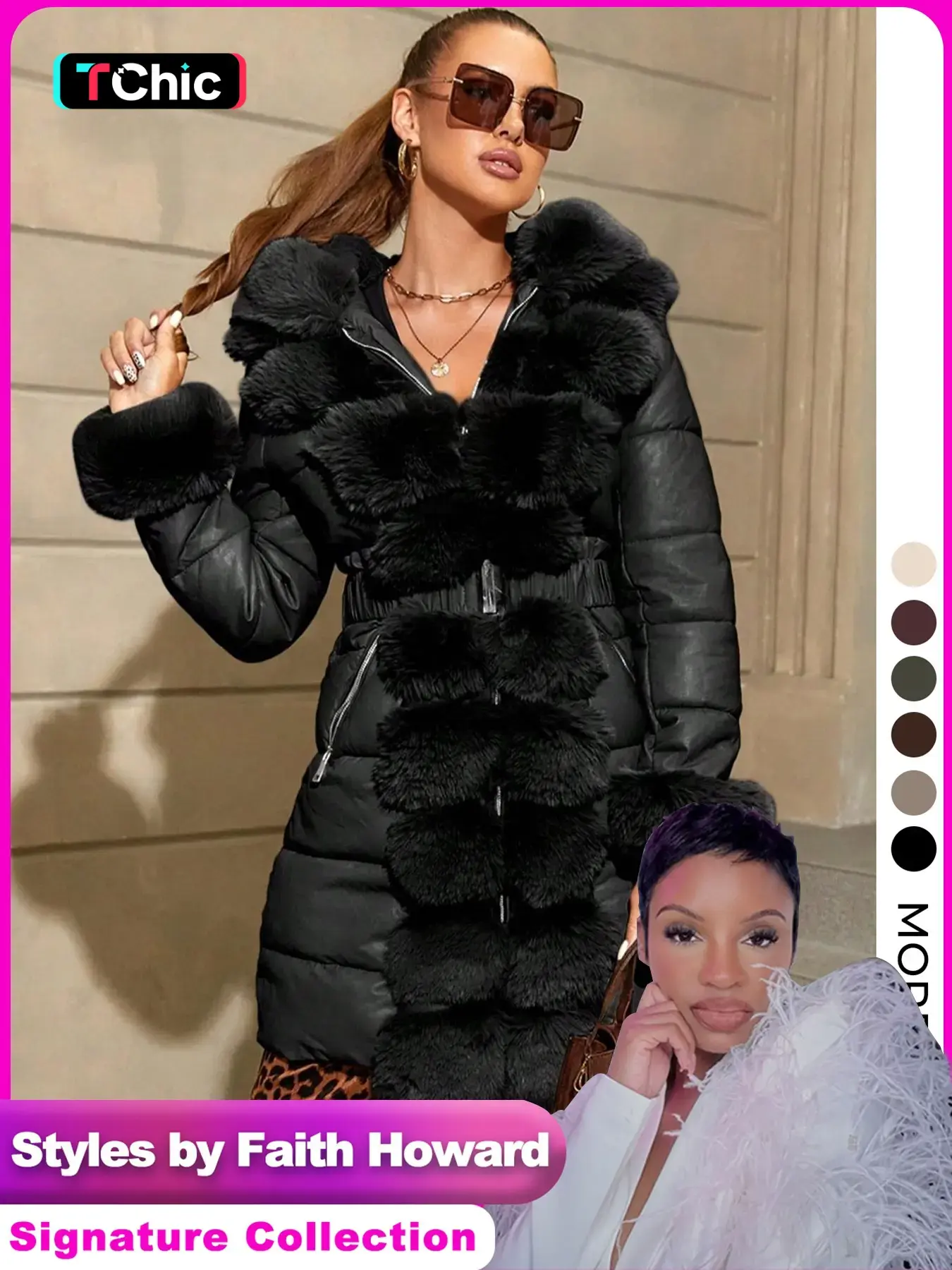 Women's Elegant Chic puffer Coat with Fleece Trim, Faux Fur & Belt, Mid-Length Fall Winter Hooded Fitted Woven Jacket, Warm Daily Wear Outerwear Tops, Warm Casual Outerwears