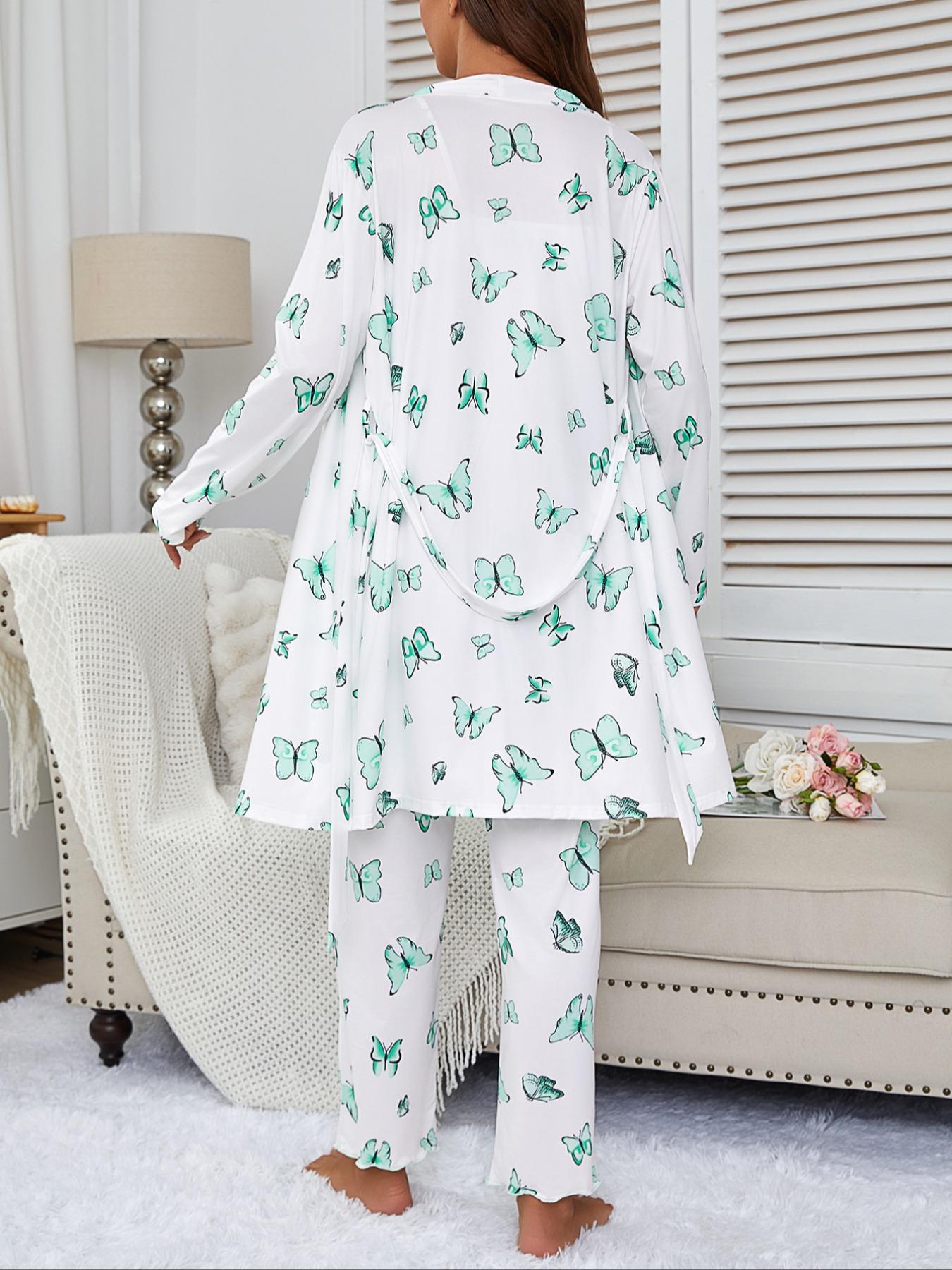 Women's Butterfly Print Robe Set with Spaghetti Strap Pants, Comfortable Casual Home Wear Loungewear, All-Season Fitted Sleepwear