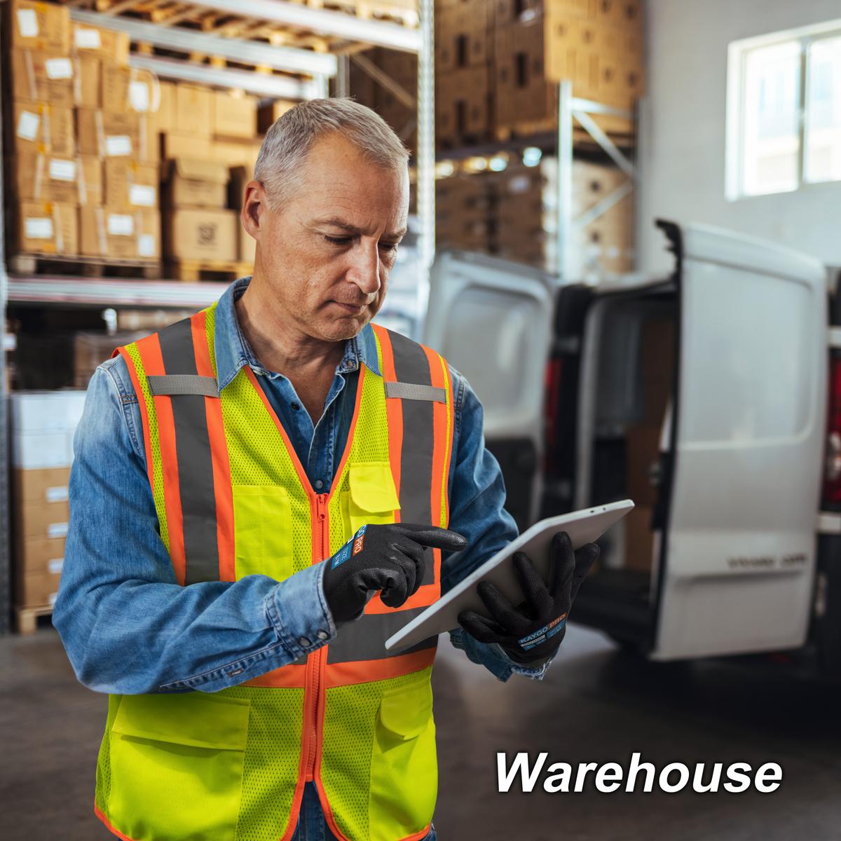 Outdoor Activity Gloves. KAYGO Safety Work Gloves PU Coated for Men and Women- KG11PB,12 Pairs,Seamless Knit Glove with Two Fingers Touchscreen,Ideal for General Duty Work (Large,Black)