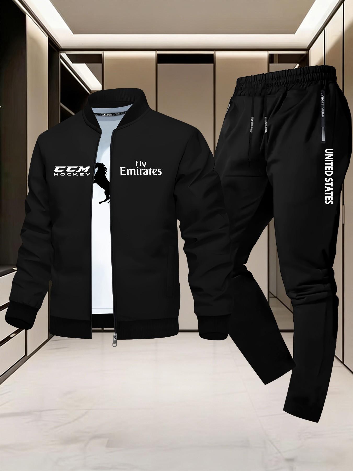 Fly Emirates Horse Print Aviation Theme Sporty Casual Set, Casual Sportswear Outfit, Geometric Pattern Fitted Jacket, All Seasons Outerwear for Men