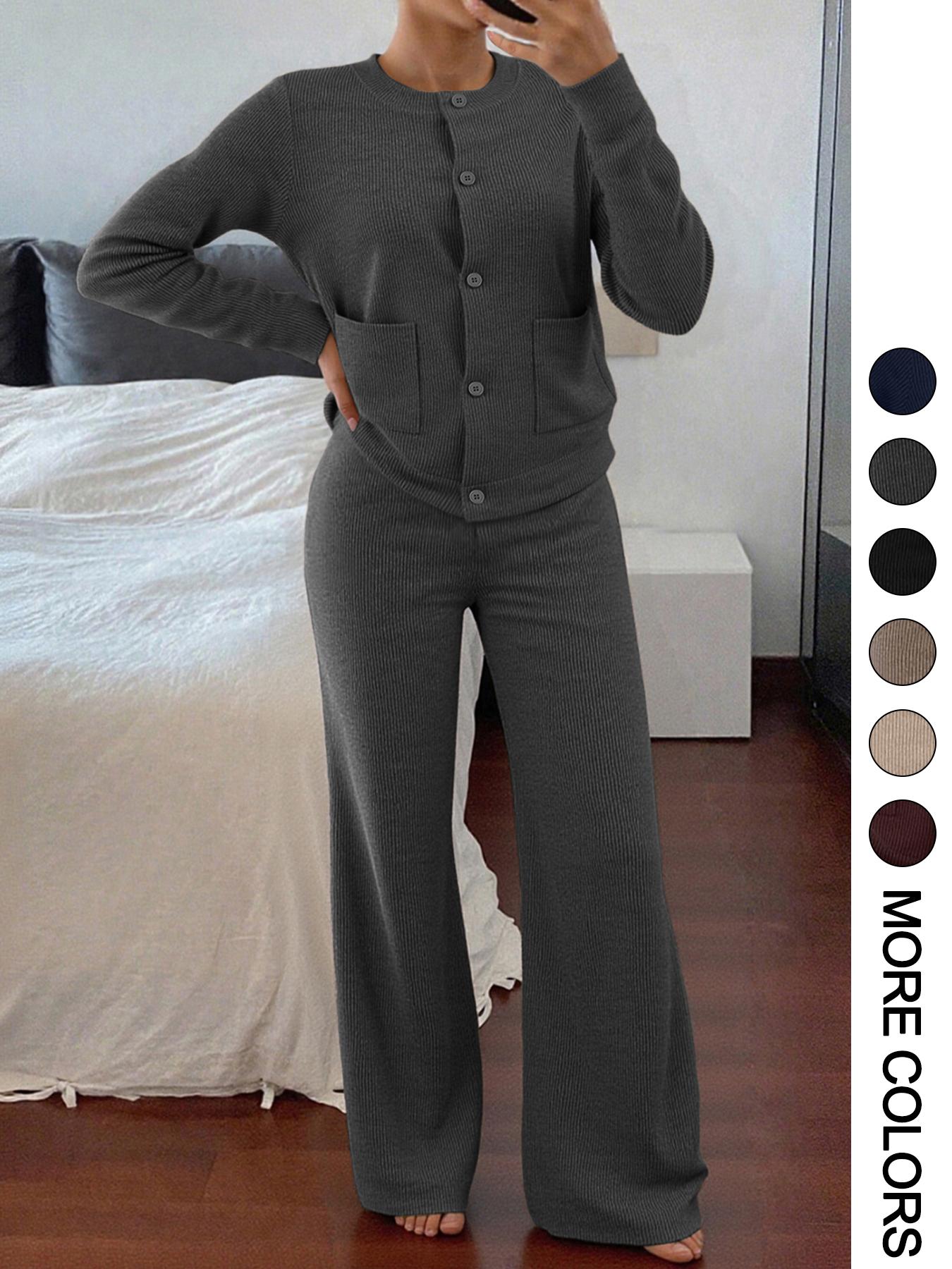 Women's Two-Piece Set, Clothes Set, Womenswear Comfortable Casual Fitted Round Neck Long Sleeve Knitted Sweater Set with Pockets, High Waist Versatile Wide Leg Pants, Perfect for Daily Wear