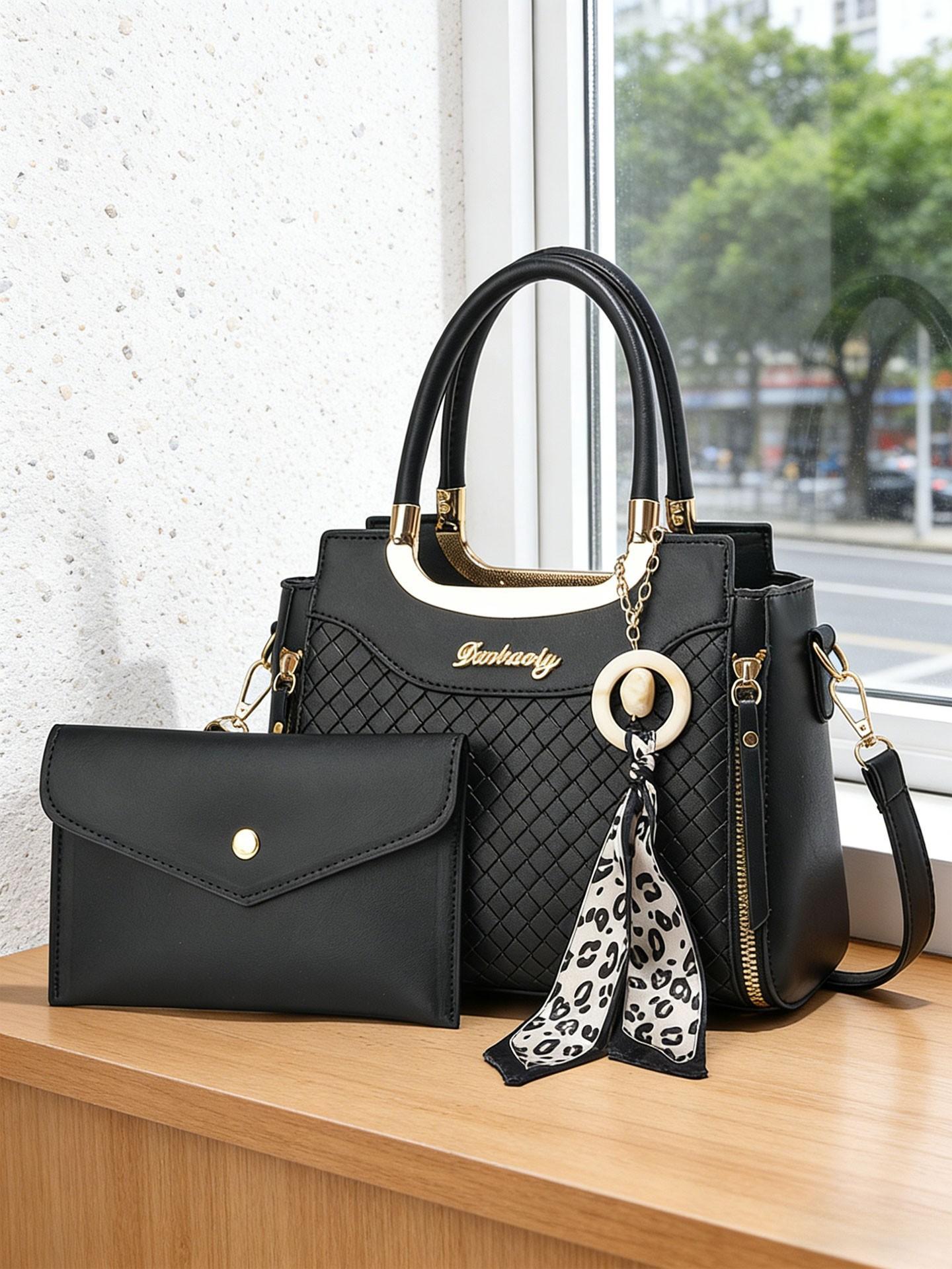Elegant Women's Handbag Set, High-Quality Diamond Weave Design, Leopard Print Scarf Decoration, Large Capacity Shoulder Bag