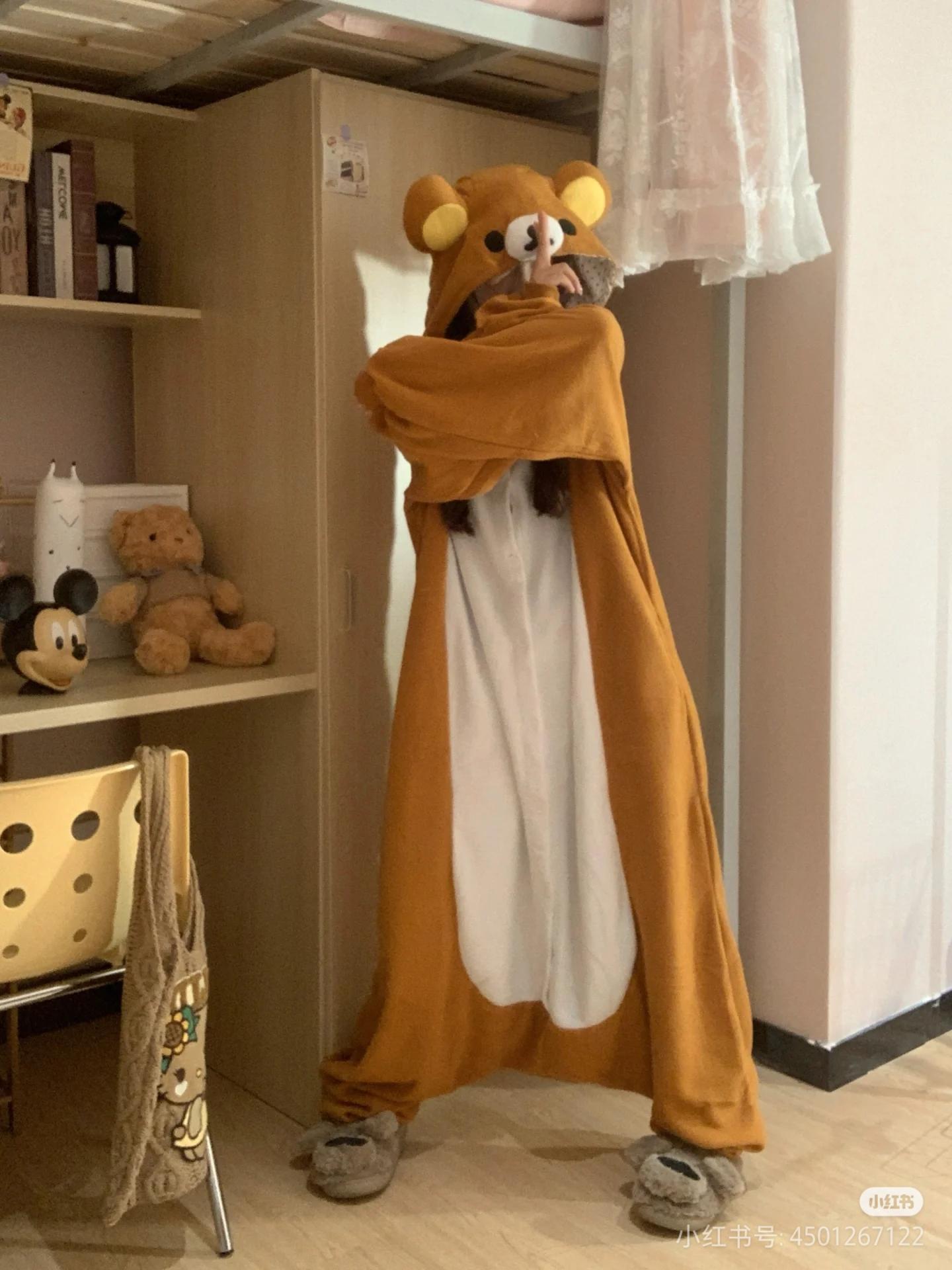 Adult Rilakkuma Kigurumi Bear Sister Onesie - Baggy Longsleeves Loose Polyester Anime Pajama, Oversized Cartoon Jumpsuit Nightwear & Loungewear