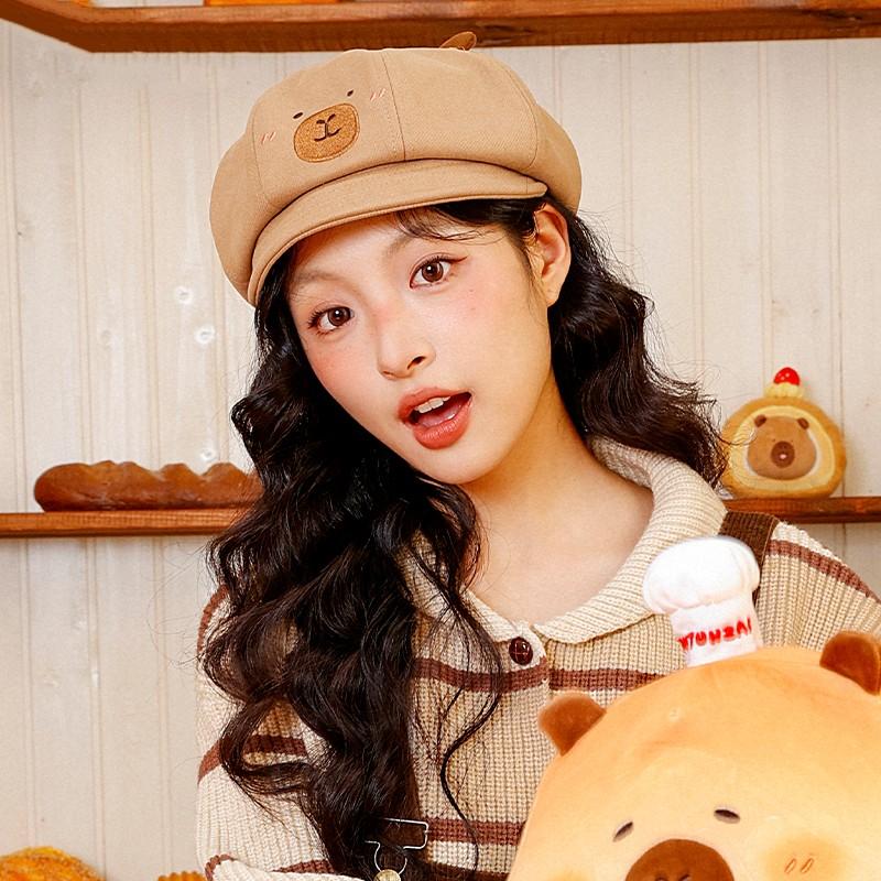 Cute Kirby Party Beret Hat for Women, Lightweight Material with Ears and Embroidered Face Pattern, Comfortable and Breathable for Birthday Parties and Themed Events
