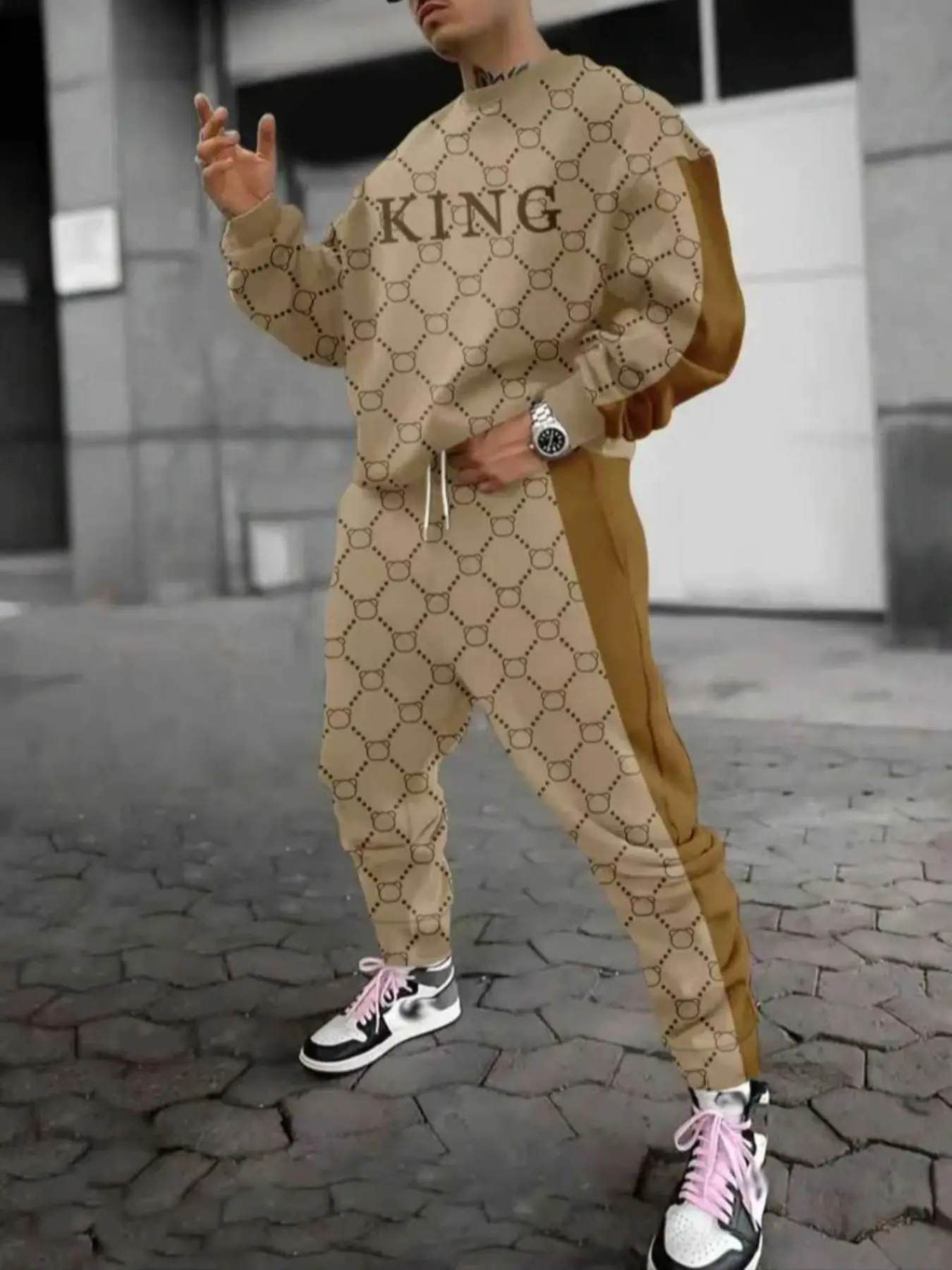 Men's Classic Fashion Sweatshirt Set, 3D Printed Drop Shoulder Round Neck Long Sleeves Long Pants Two-Piece, Casual Fall & Winter