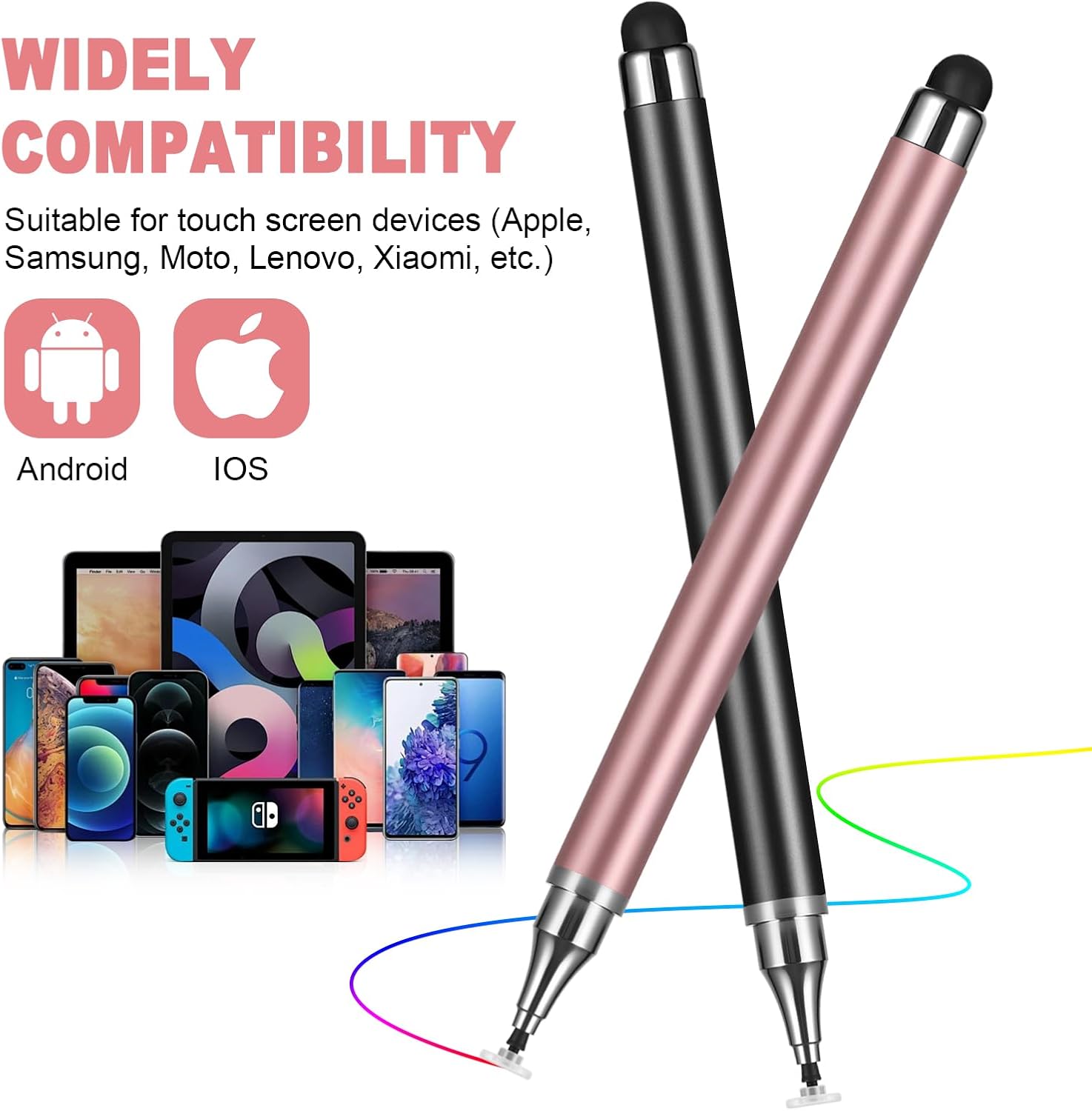 3-Pack Plastic Electronic Stylus Pens with 1 Pack with 3 Colors, 2-in-1 Precision Disc Tip Accessories for All Touchscreen Devices, Compatible with Android, iOS, Tablets, Smartphones, Computer - Ideal for Writing, Drawing